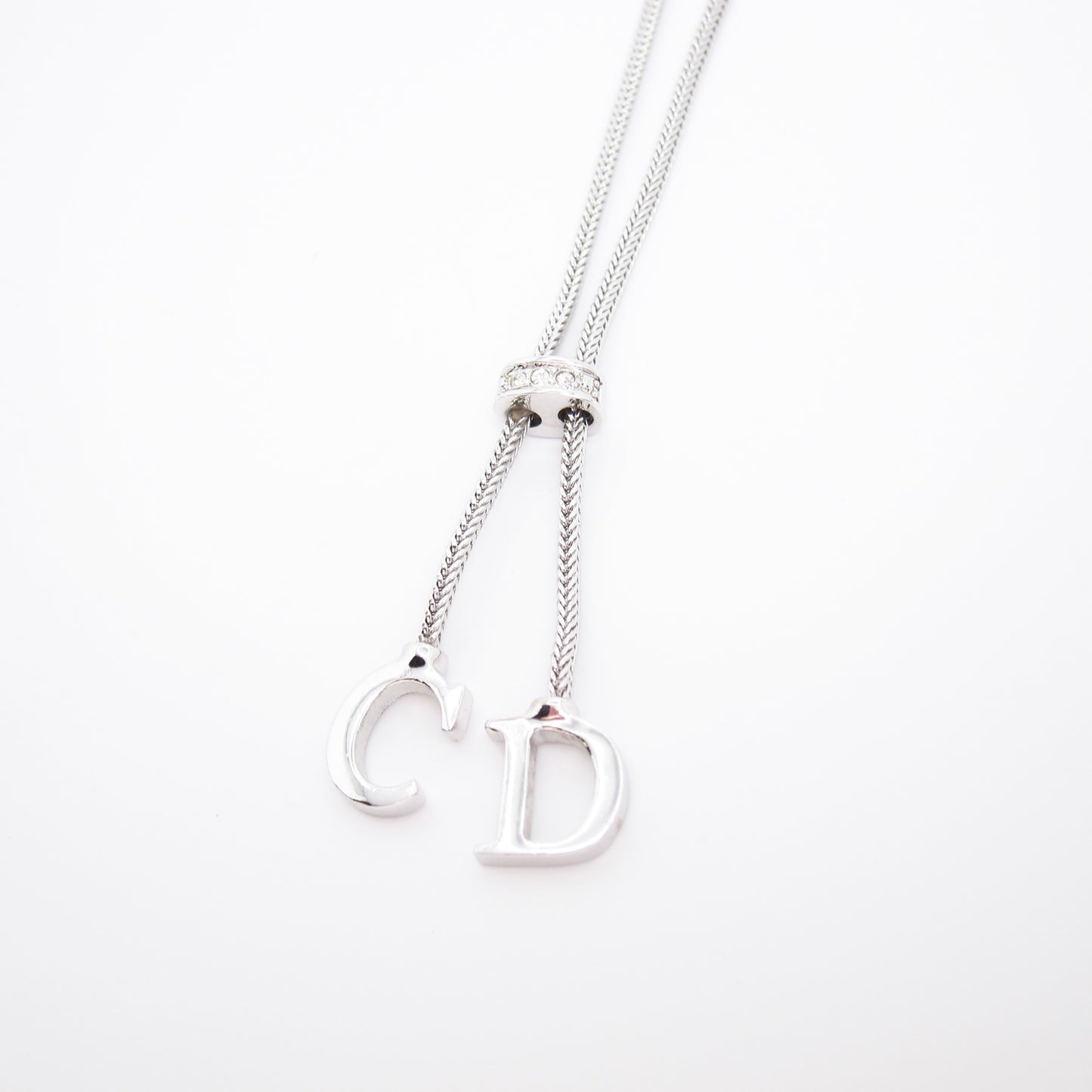 Christian Dior Vintage CD Logo Dandling Pendant Silver Necklace