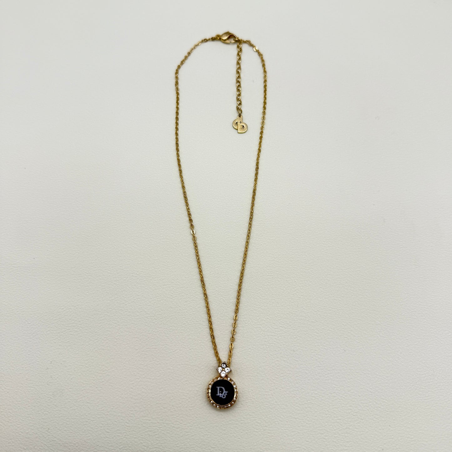 Christian Dior Vintage Dior Logo in Black Circle with Rhinestone Golden Necklace