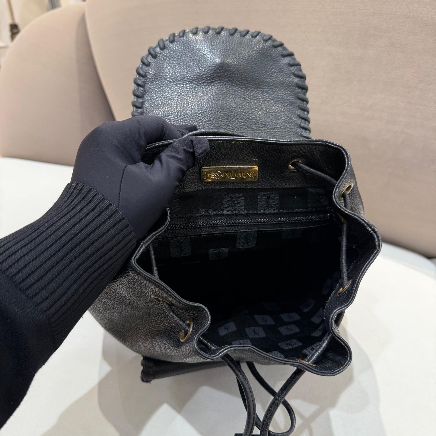 Yves Saint Laurent Vintage Black Leather Drawstring Backpack