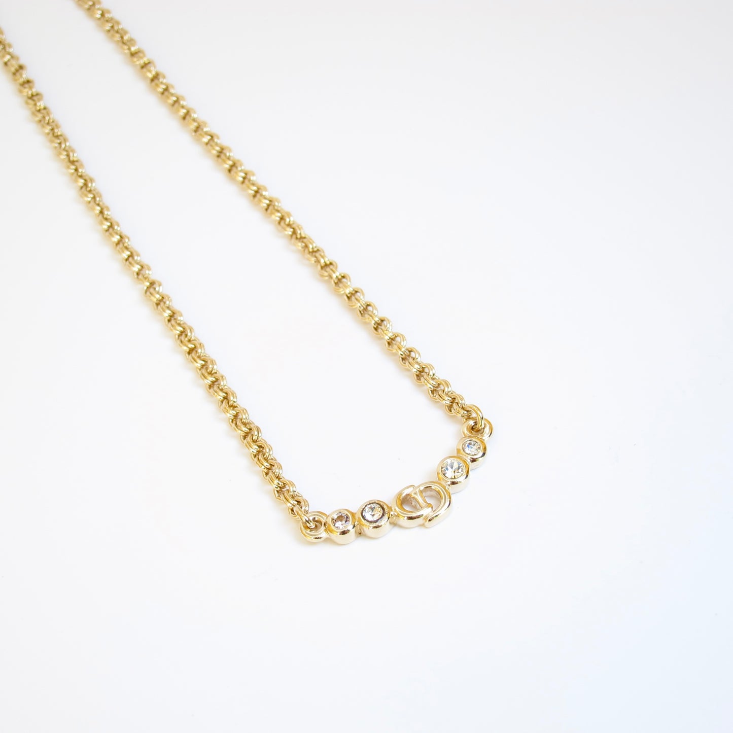 Christian Dior Vintage CD Logo and Rhinestone Golden Necklace