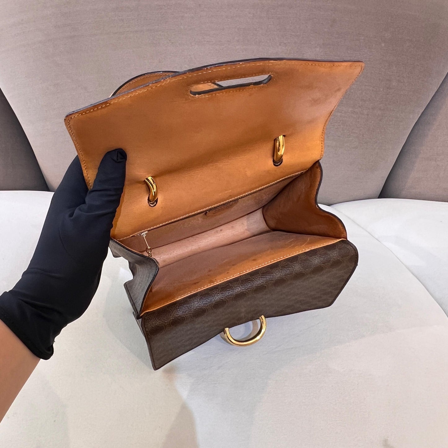 Celine Vintage Macadam Canvas Brown Leather Top Handle Bag