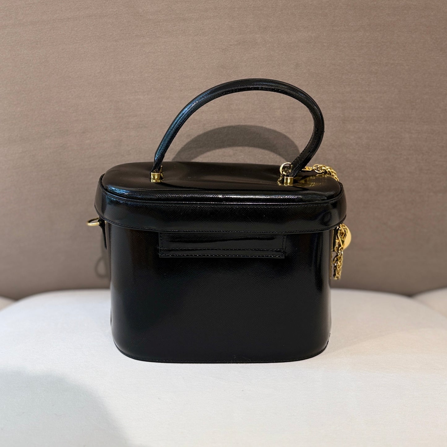 Versace Vintage Black Leather Vanity Style Medallion Top Handle Handbag