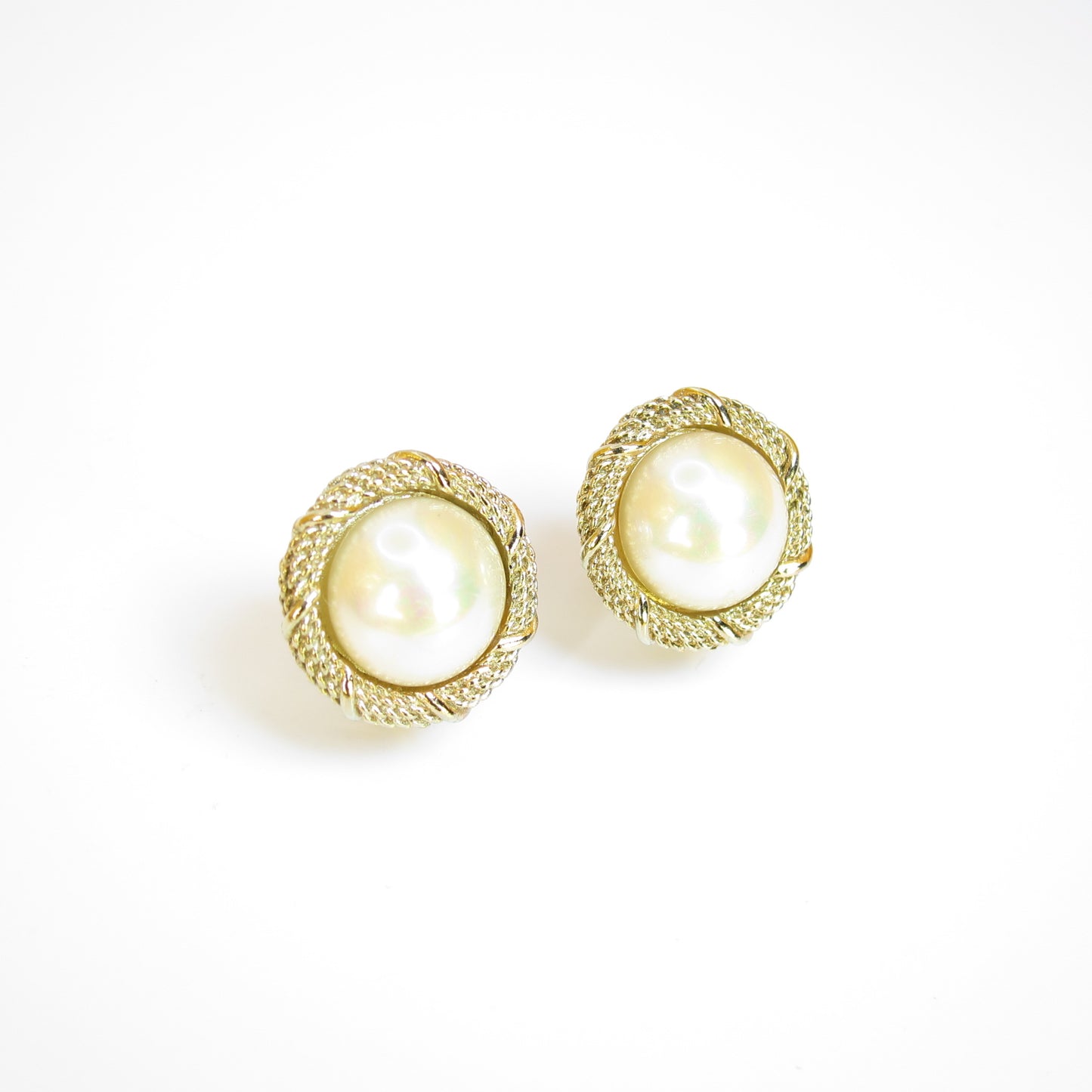 Christian Dior Vintage Round Shape Pearl Golden Clip-on Earrings