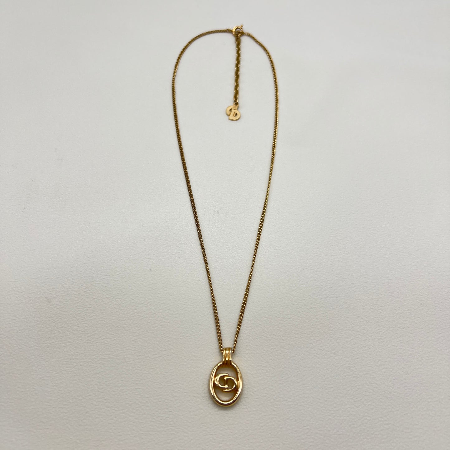 Christian Dior Vintage CD Logo In Oval Shape Pendant Golden Necklace