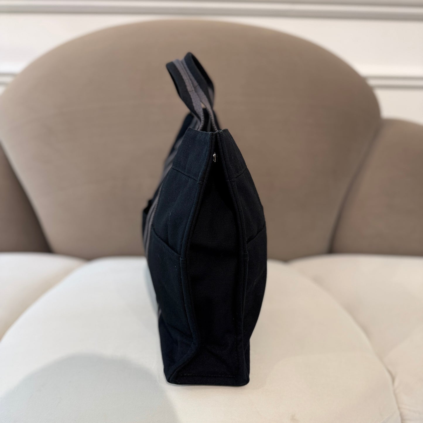 Hermès Vintage Air Line Black Canvas Tote Bag With Striped Web Handles