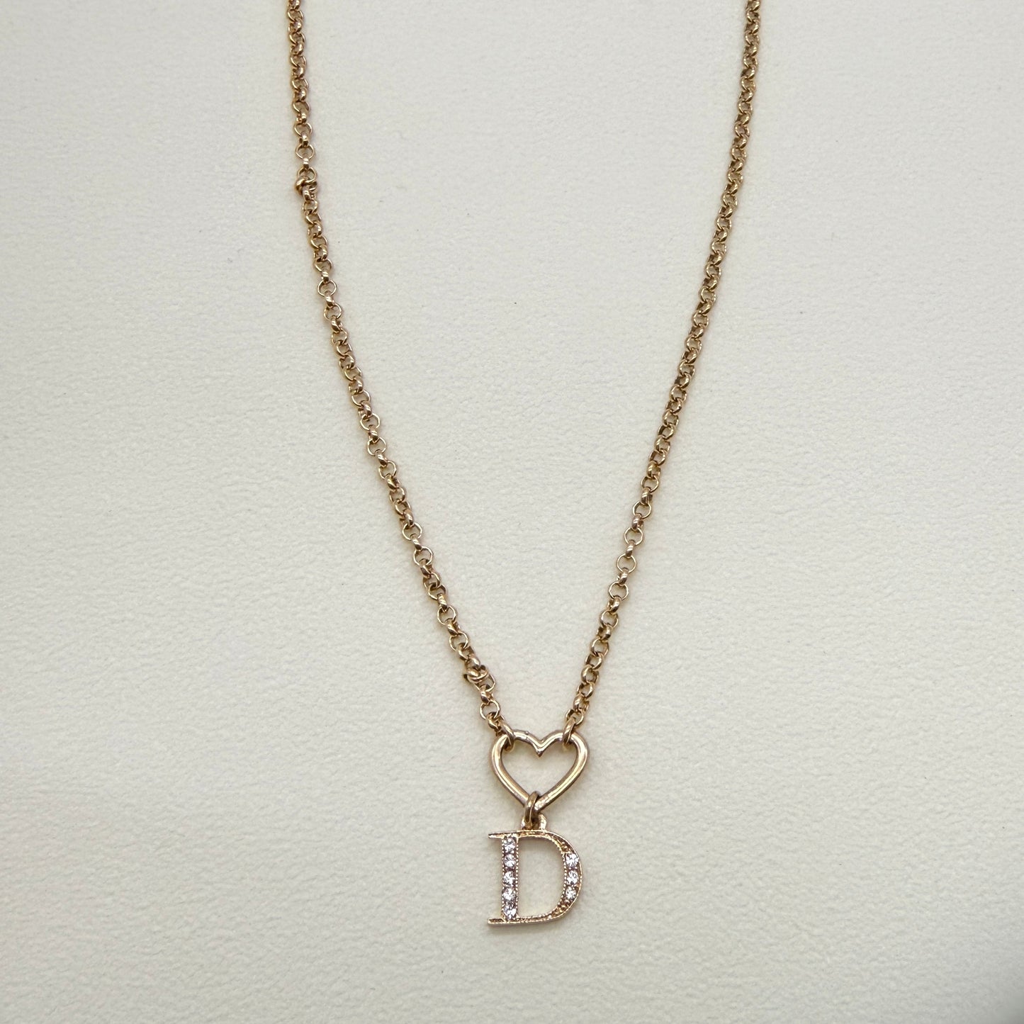 Christian Dior Vintage D Logo with Rhinestone and Heart Golden Necklace