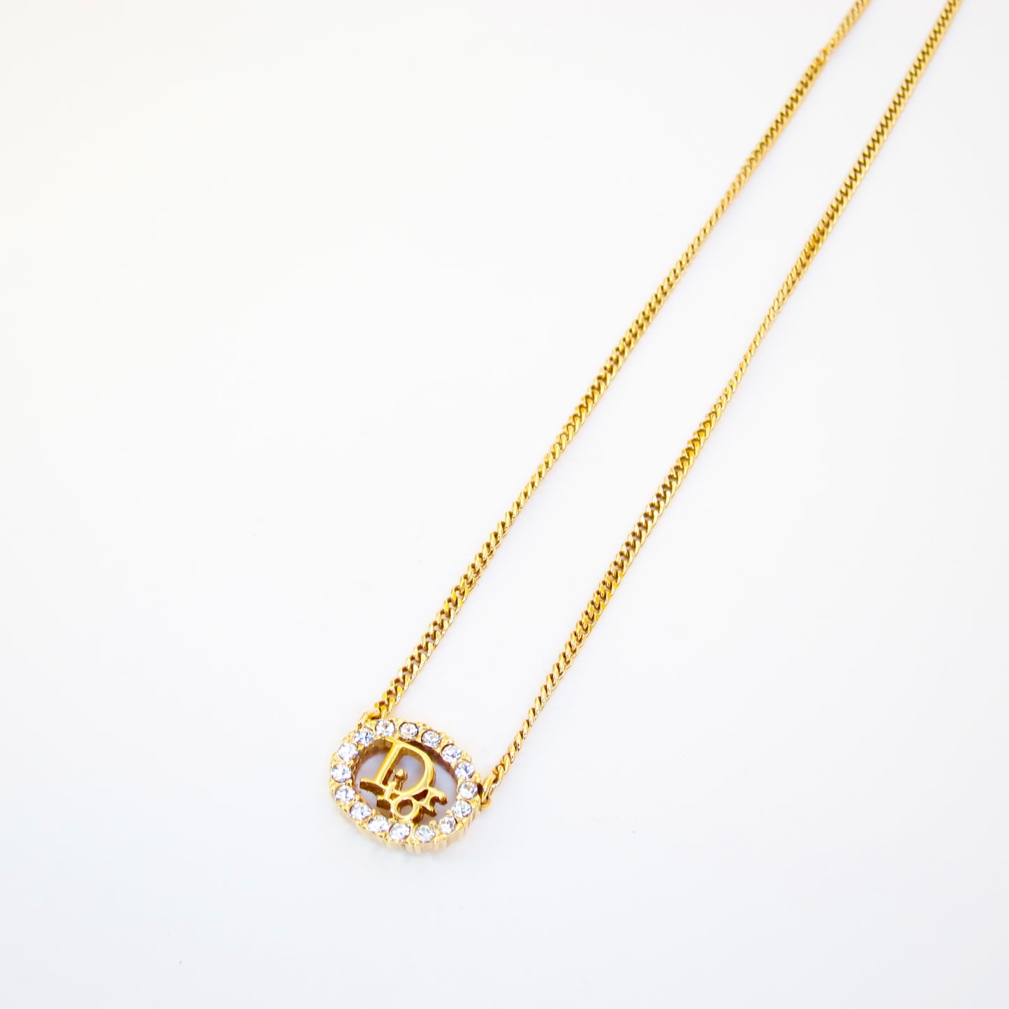 Christian Dior Vintage Dior Logo in Oval Shape with Rhinestone Golden Necklace
