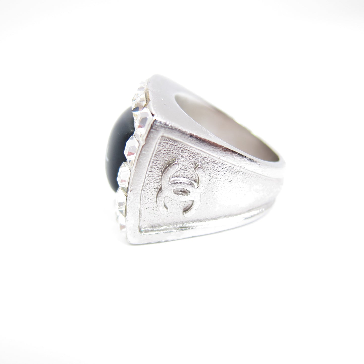 Chanel Vintage Chanel Logo Black and Rhinestone Silver Ring #13