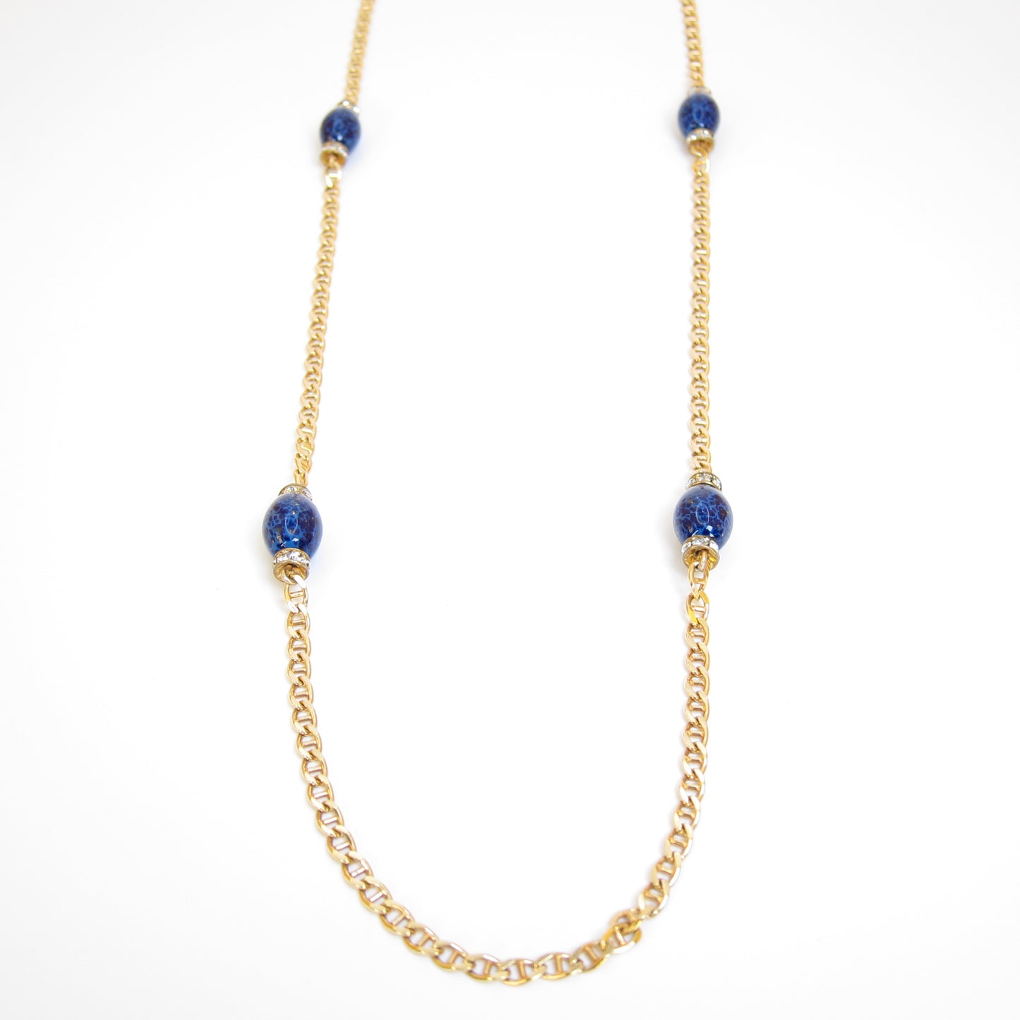 Christian Dior Vintage Lapis Lazuli Color Stone and Rhinestone Golden Long Necklace