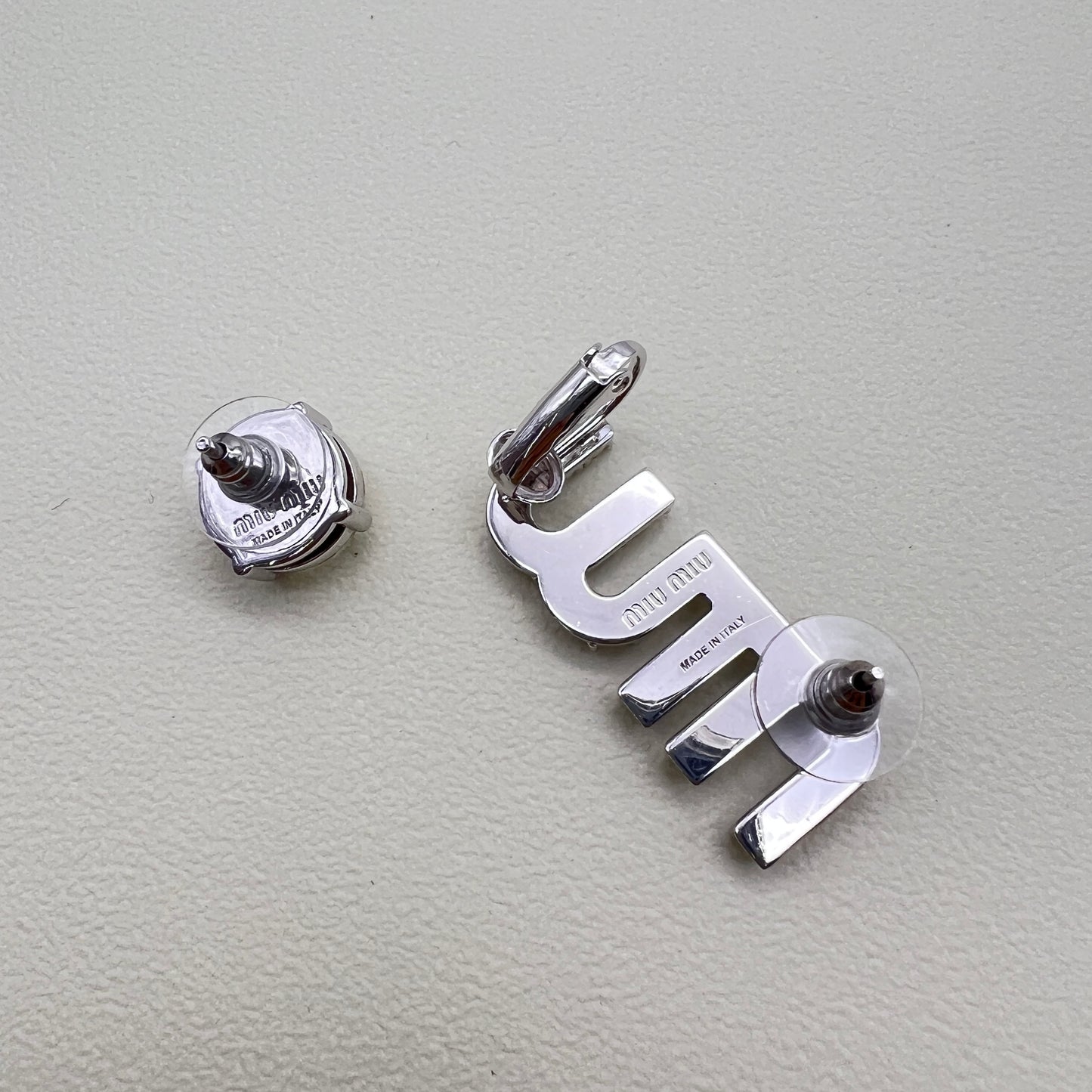 Miu Miu Vintage Miu Logo with Rhinestone Silver Earrings