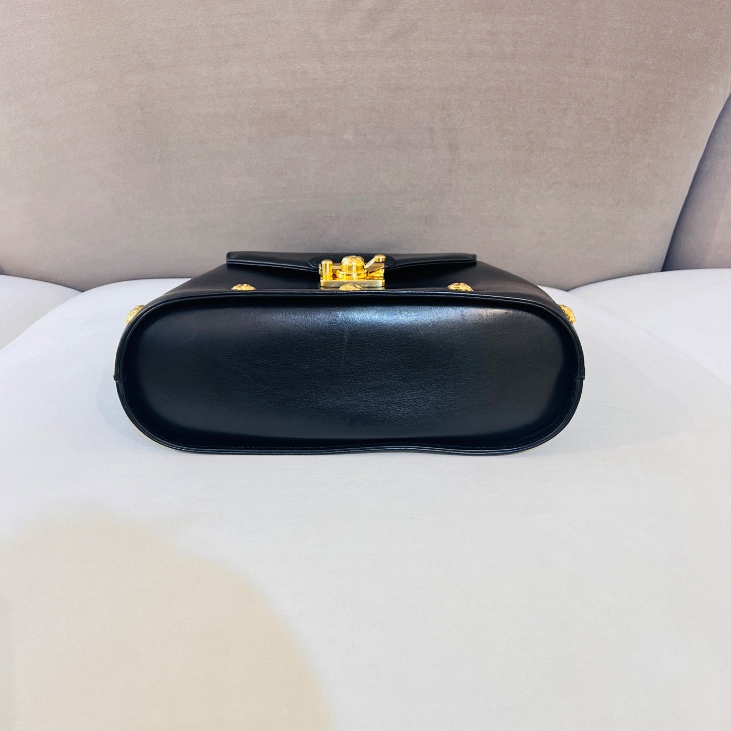 Ferragamo Vintage Black Leather 2-Way Handbag With Gold Medallions