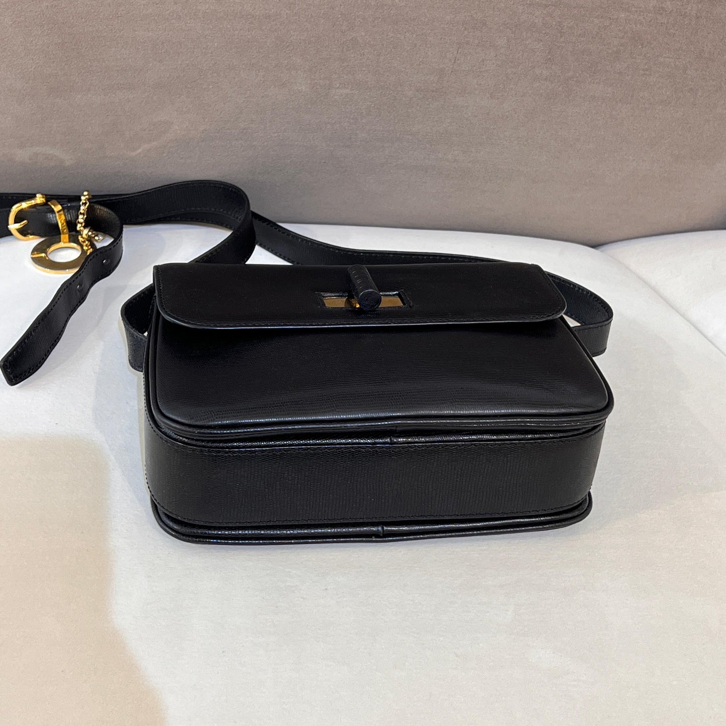 Celine Vintage Black Leather Turn Lock Shoulder Bag