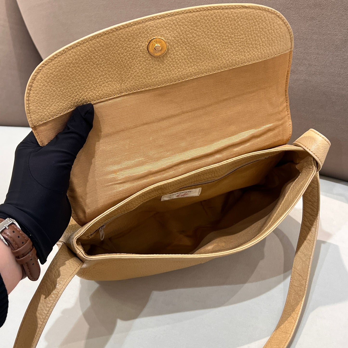 Givenchy Vintage Embossed Logo Beige Leather Shoulder Bag