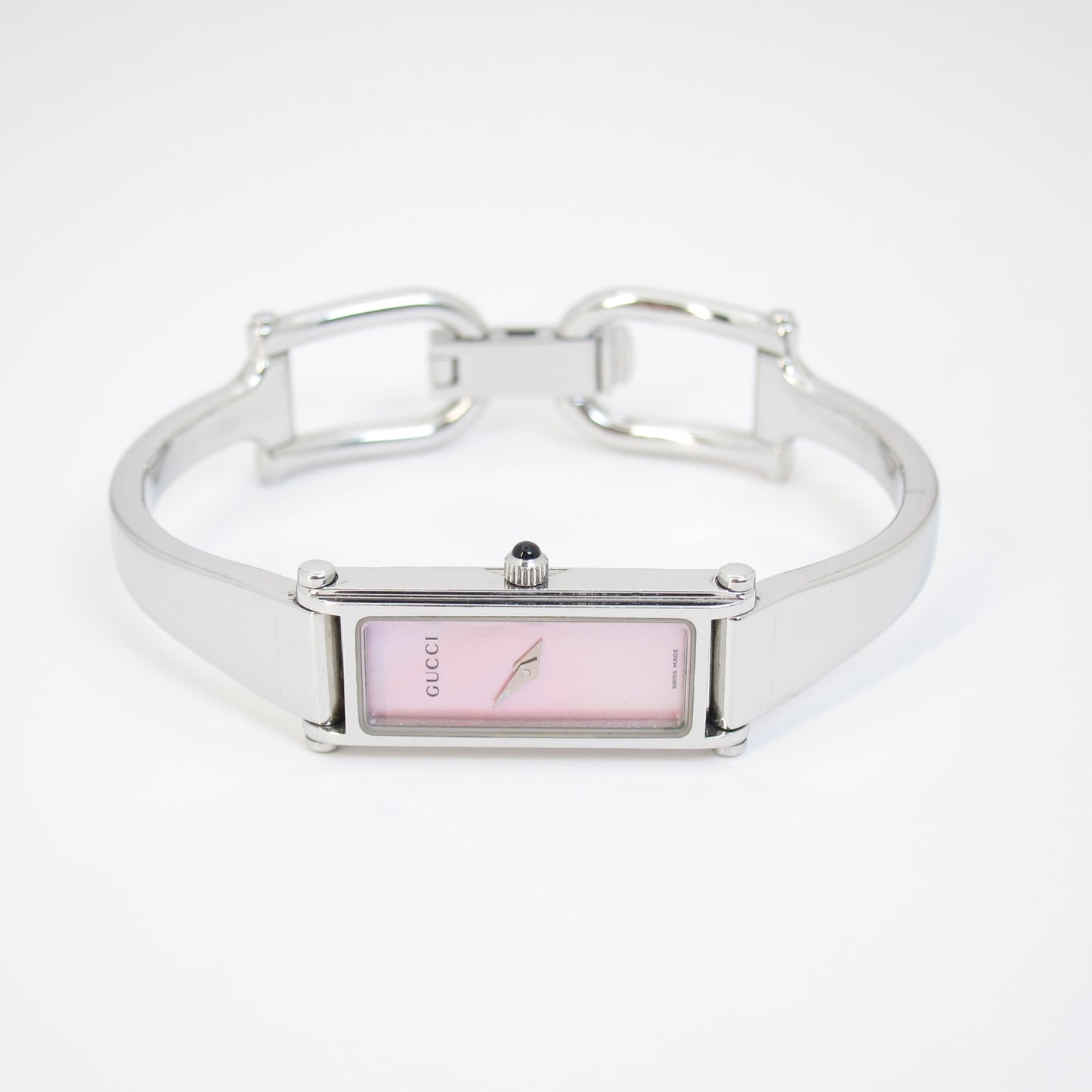 Gucci Vintage Rectangle Pink Shell Pearl Face Silver Bangle Watch