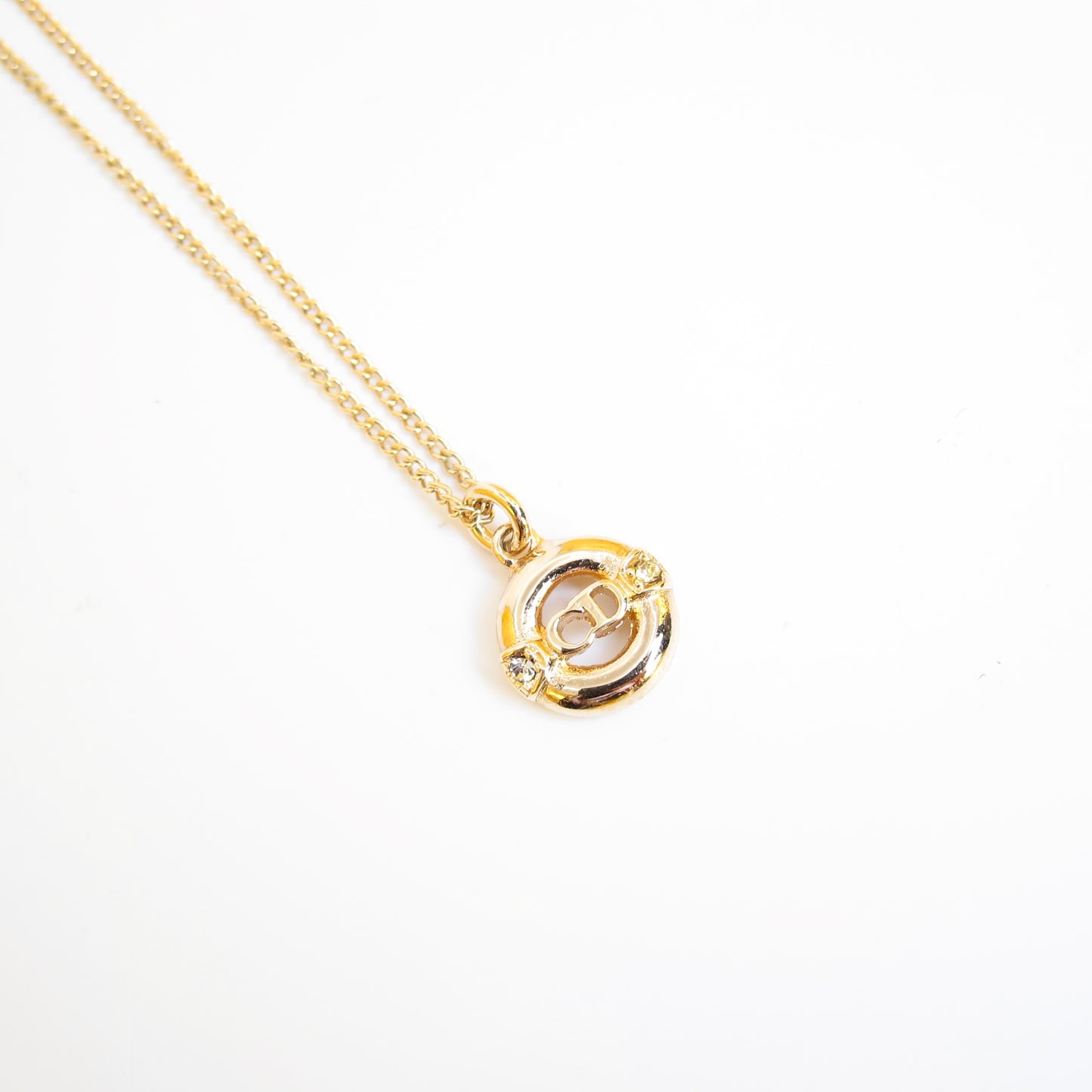 Christian Dior Vintage CD Logo in Circle with Rhinestone Golden Necklace