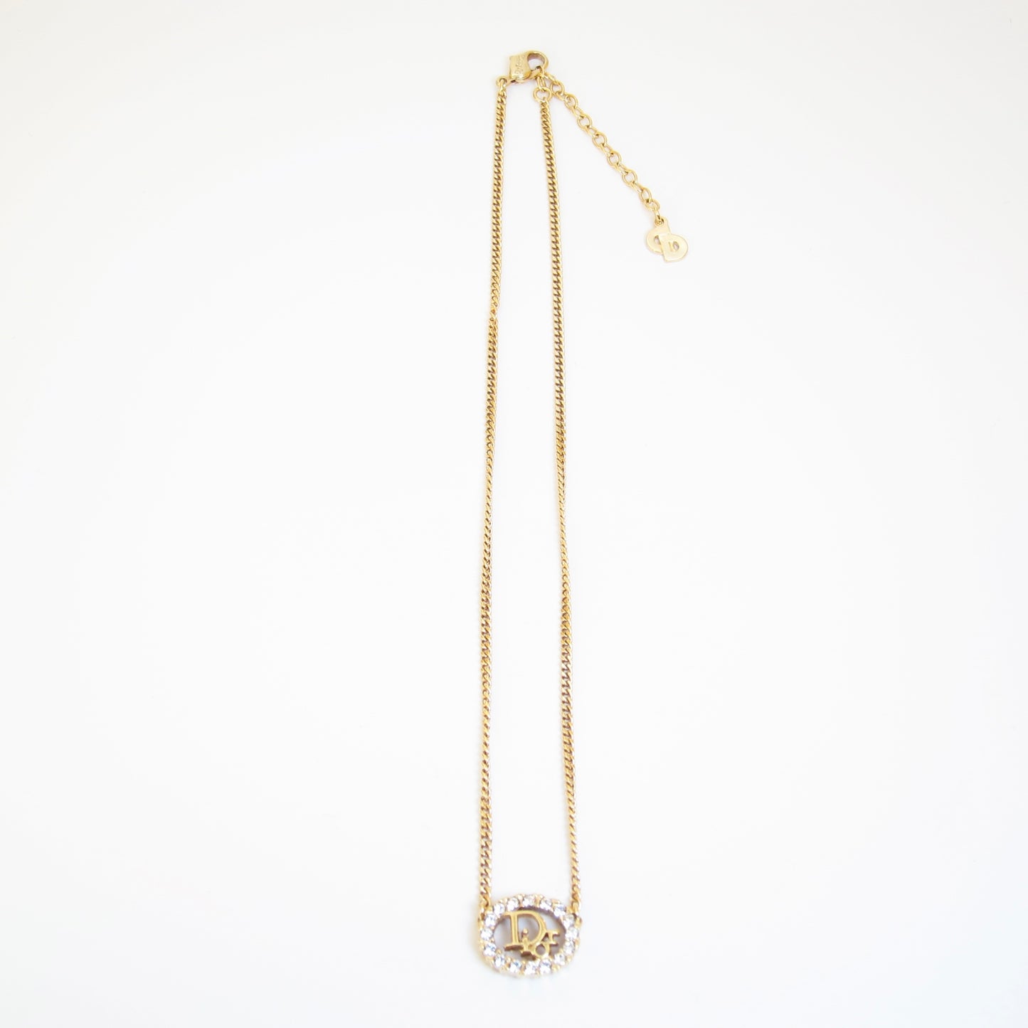 Christian Dior Vintage Dior Logo in Oval Shape with Rhinestone Golden Necklace