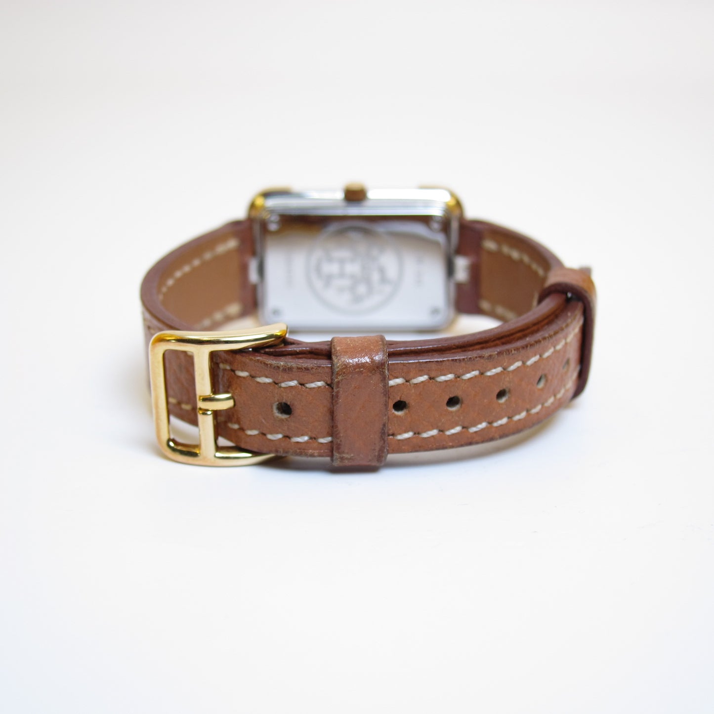 Hermes Vintage Croisière Rectangle White Face and Brown Leather Strap Watch