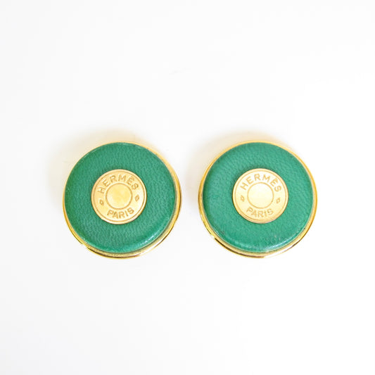 Hermes Vintage Serie Green Leather and Golden Clip-on Earrings