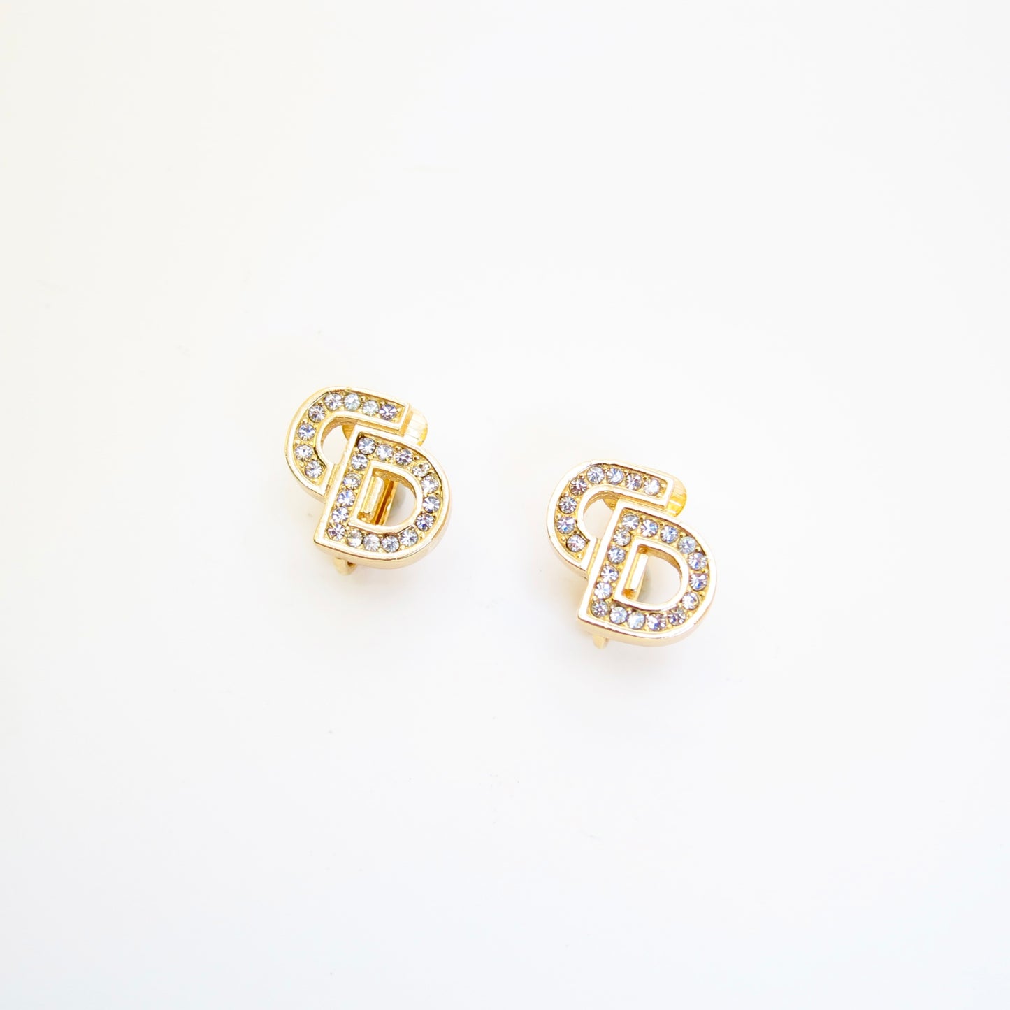 Christian Dior Vintage CD Logo with Rhinestone Golden Clip-on Earrings