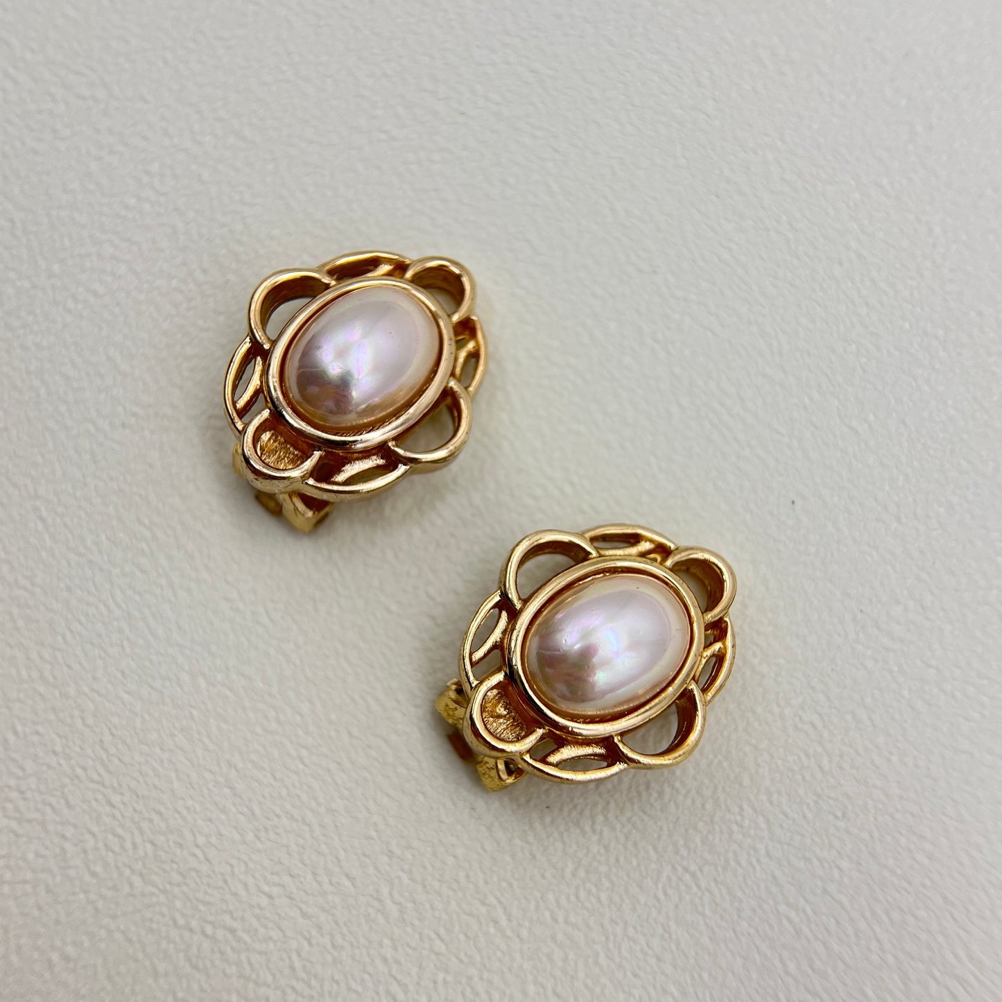 Christian Dior Vintage Oval Shape Pearl Golden Clip-on Earrings