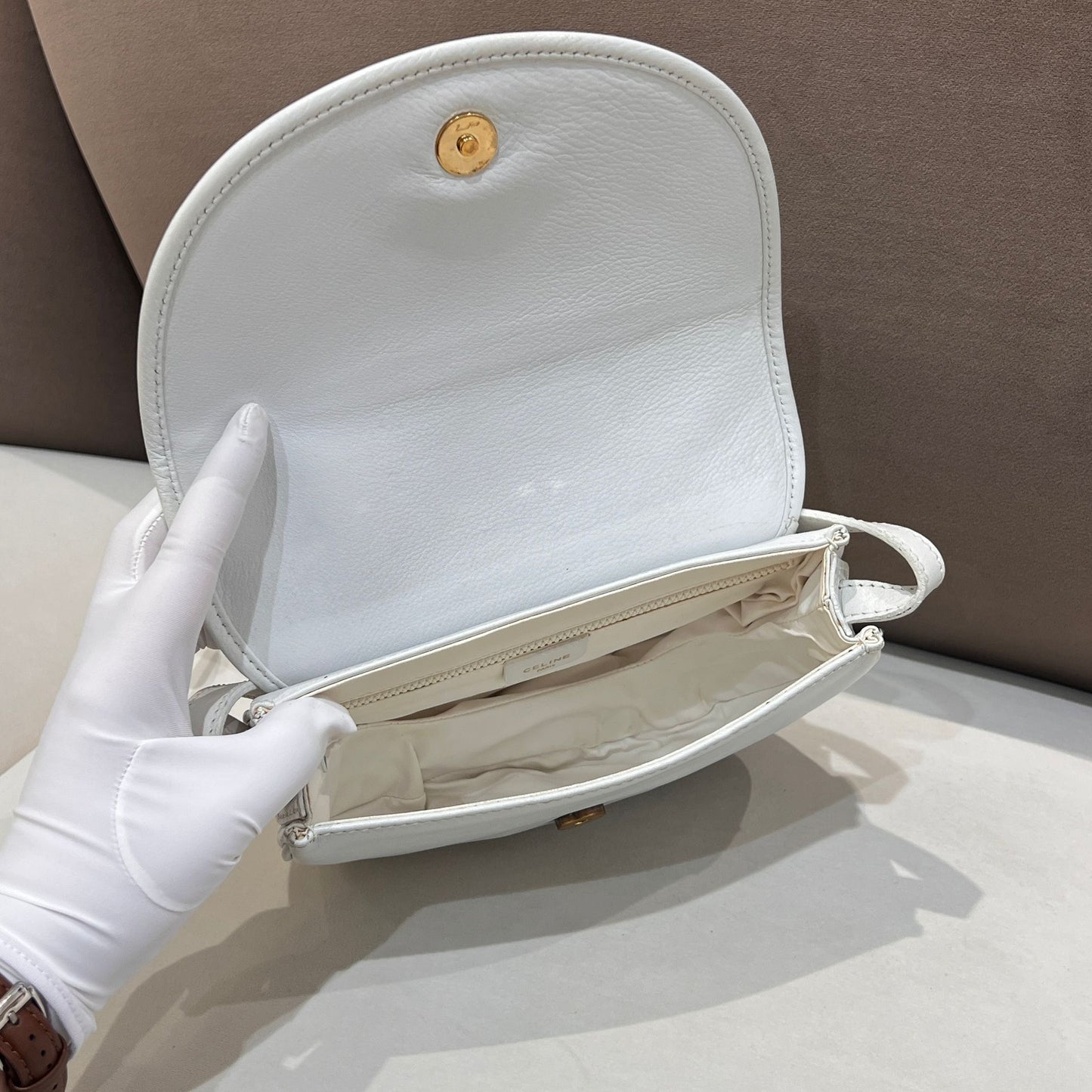 Celine Vintage White Leather Triomphe Shoulder Bag