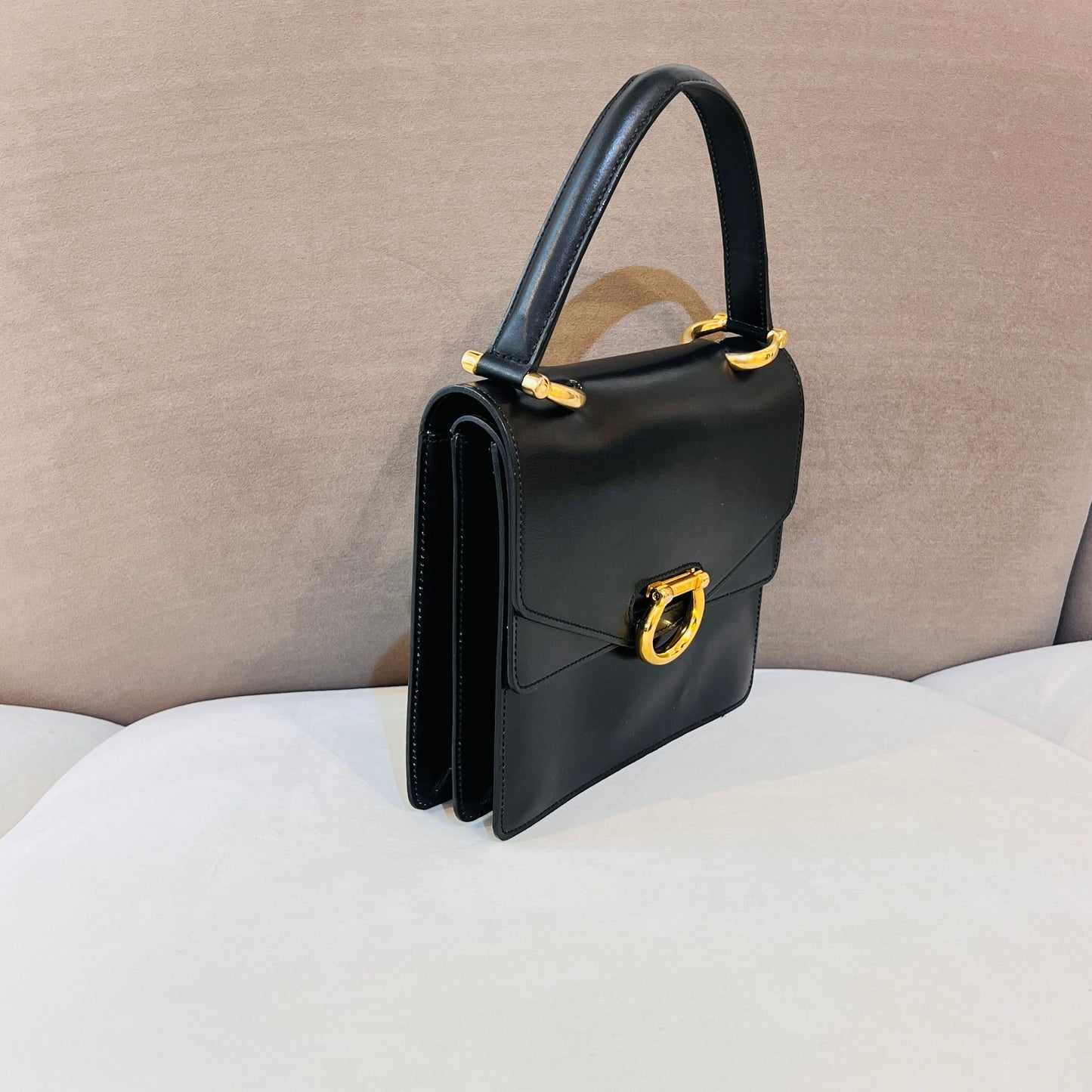 Celine Vintage Gancini Double Flap Black Leather Gold Clasp Handbag