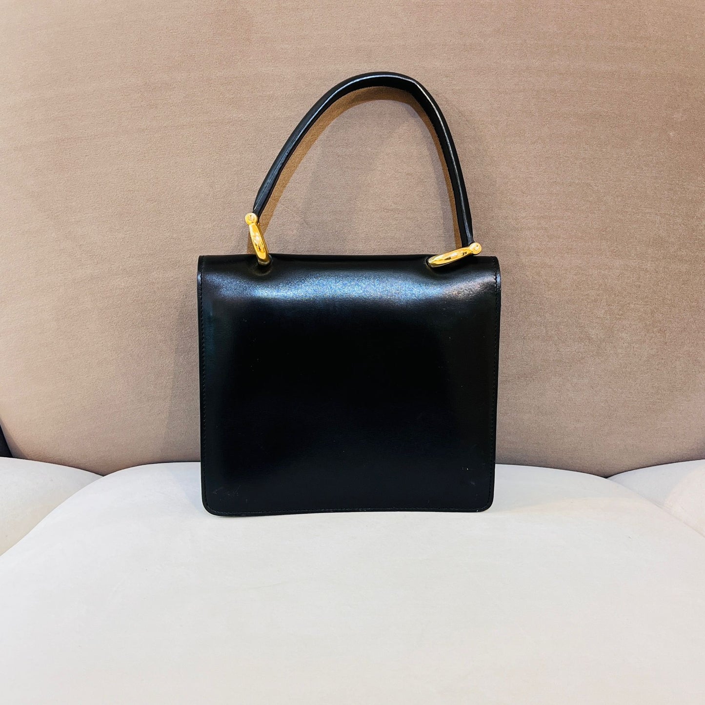 Celine Vintage Gancini Double Flap Black Leather Gold Clasp Handbag