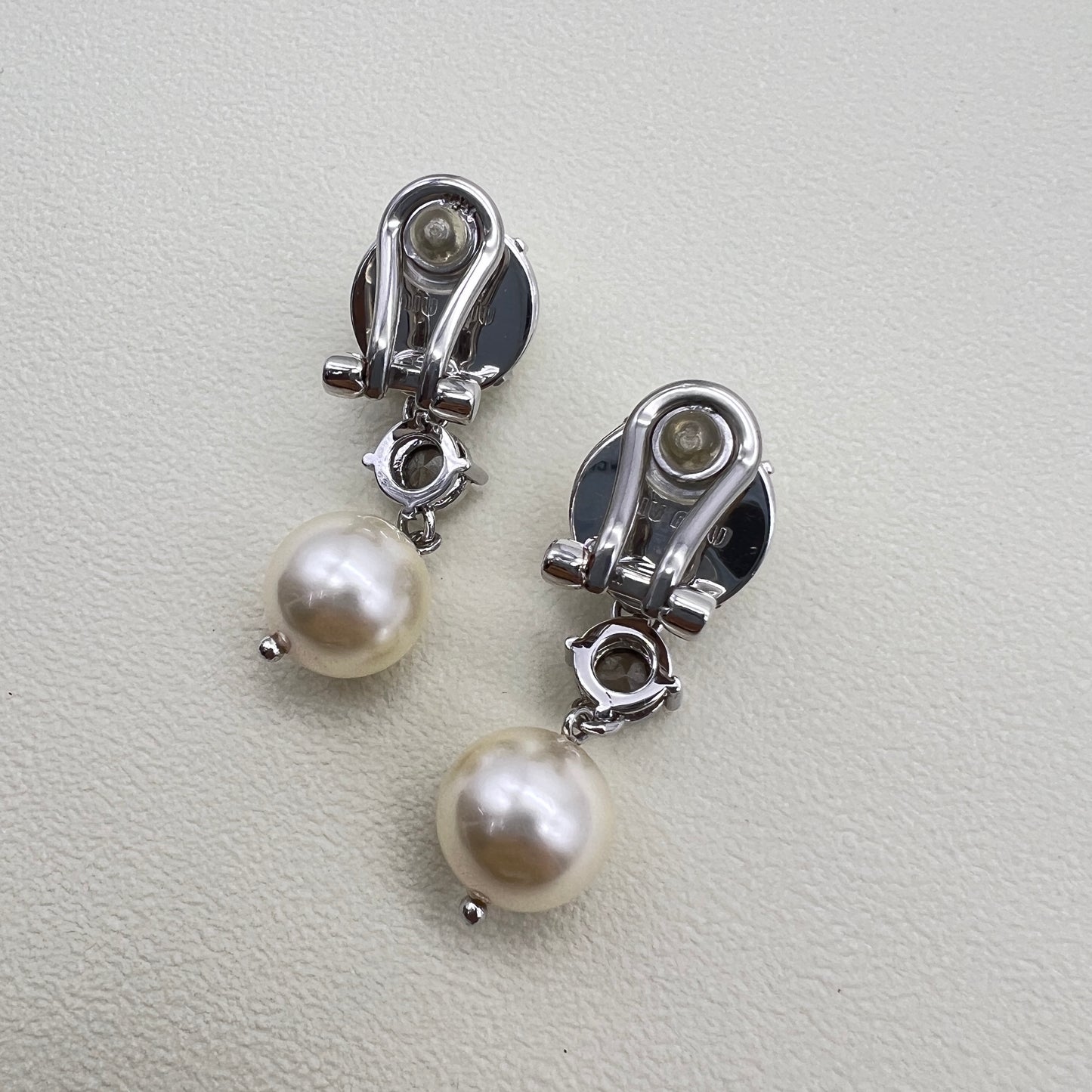 Miu Miu Vintage Rhinestone and Pearl Silver Clip-on Earrings