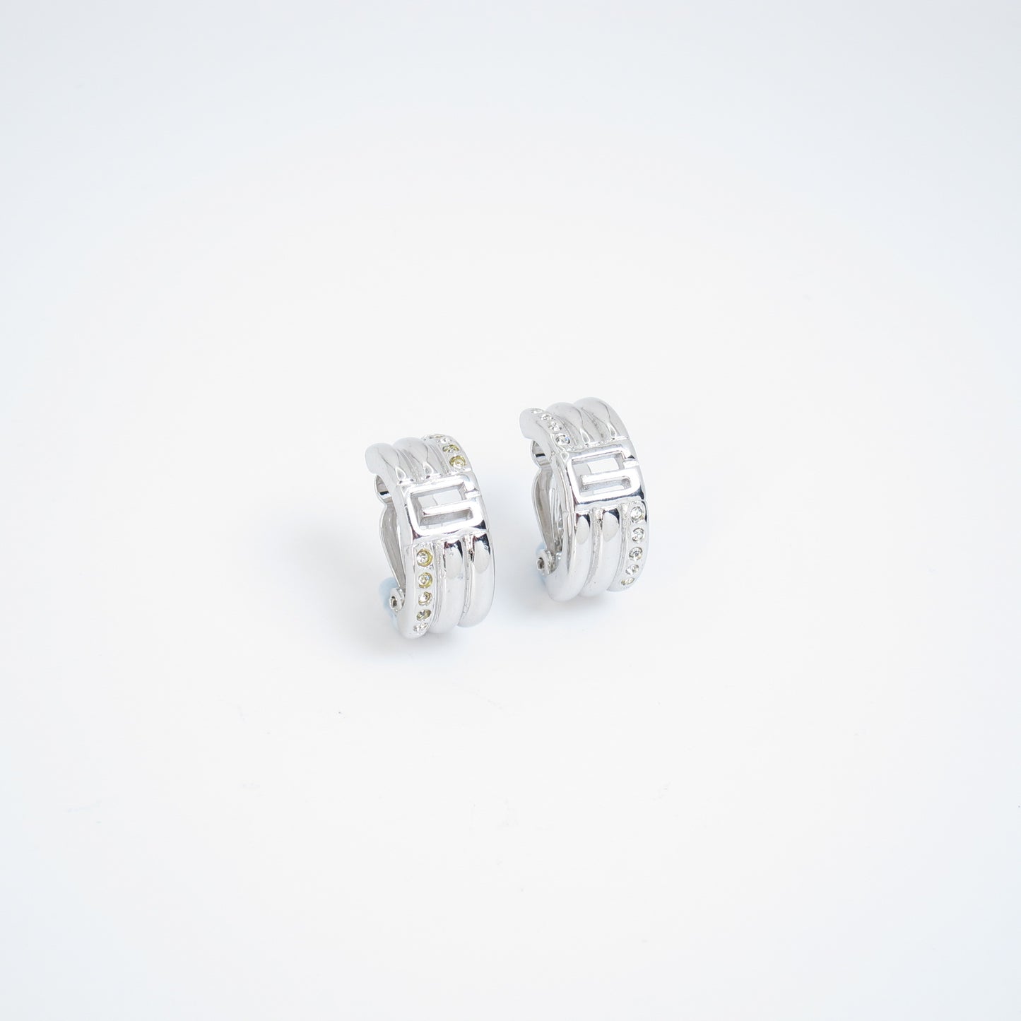 Givenchy Vintage G Logo and Rhinestone Silver Clip-on Earrings