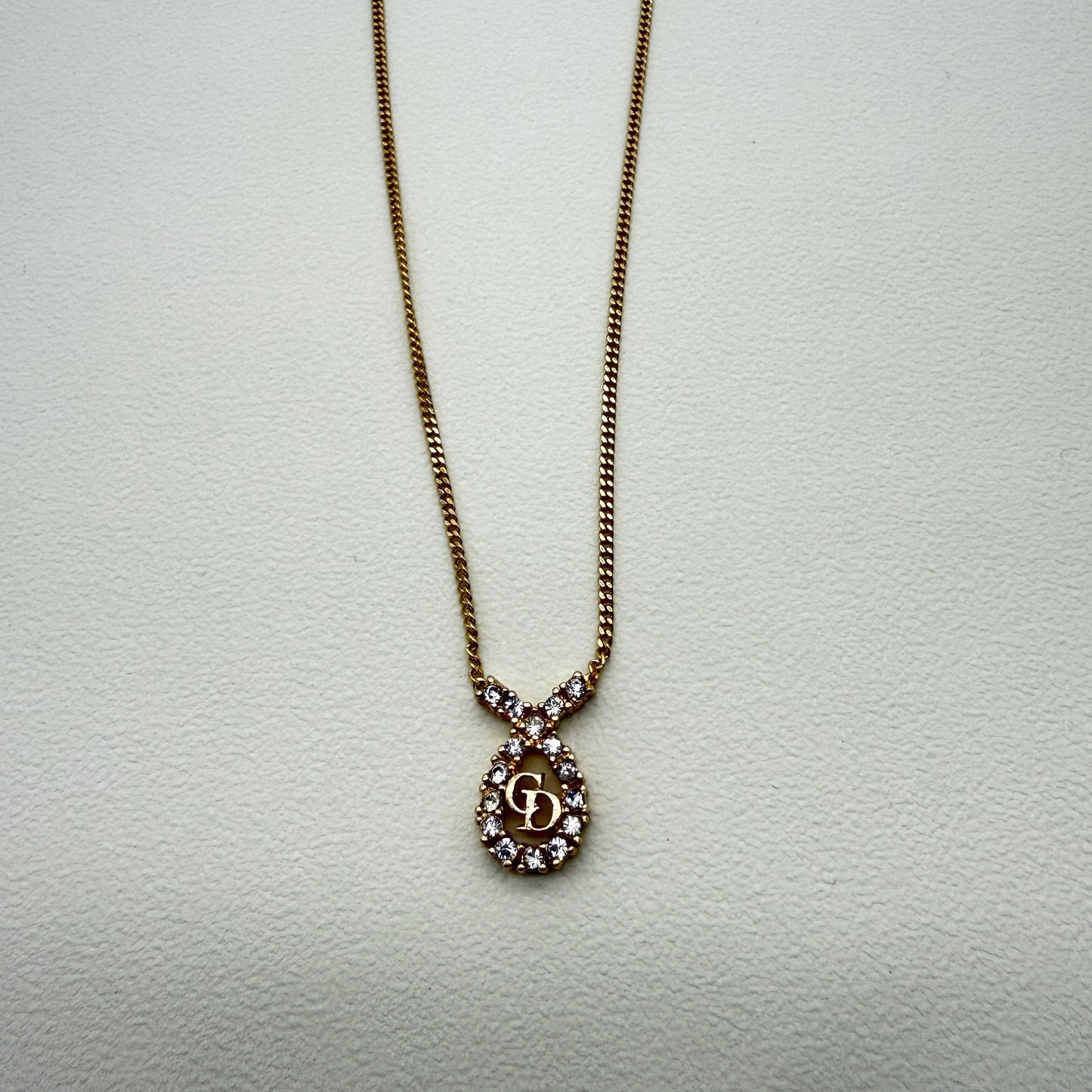 Christian Dior Vintage CD Logo in Drop Shape with Rhinestone Golden Necklace