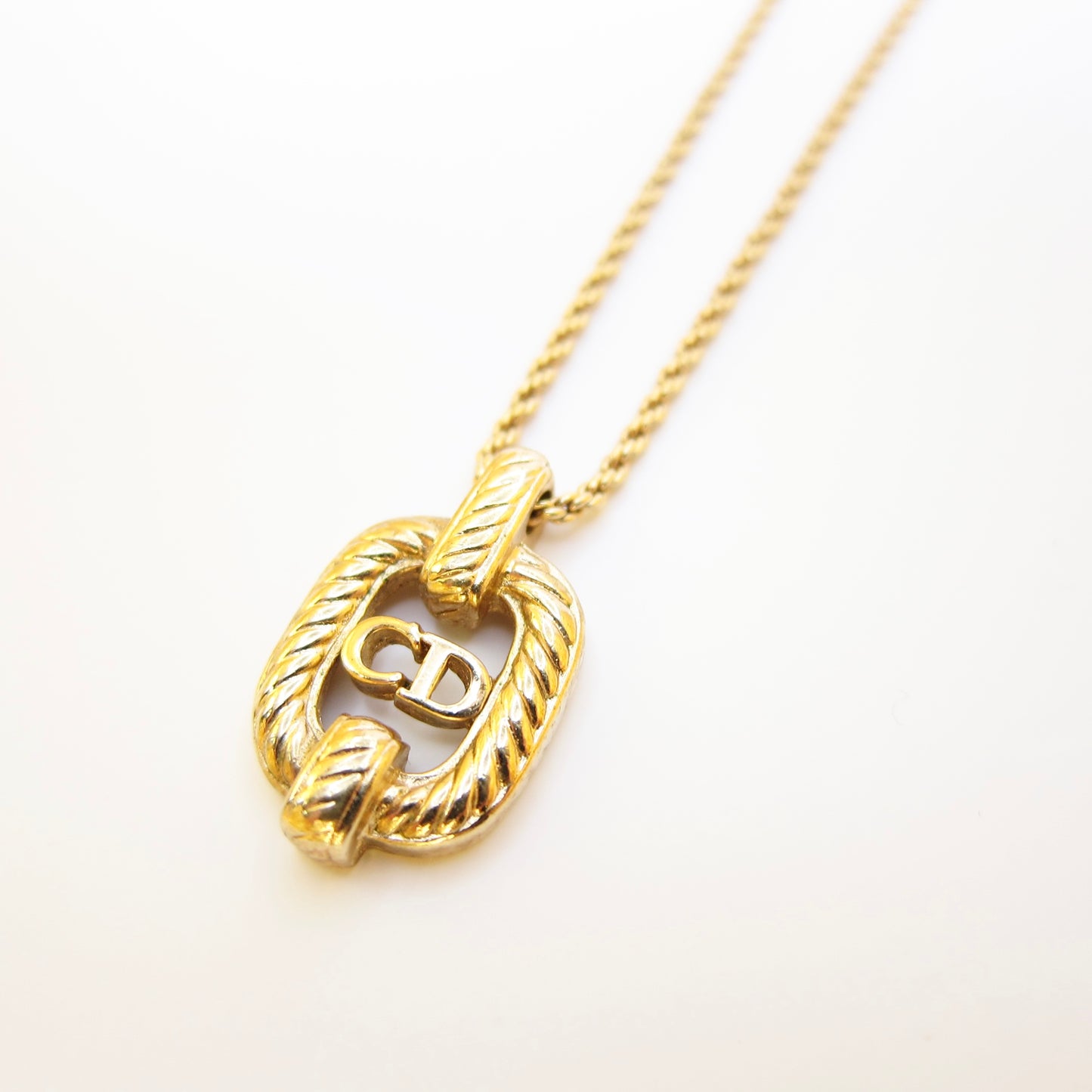 Christian Dior Vintage CD Logo in Twist Rectangle Pendant Golden Necklace
