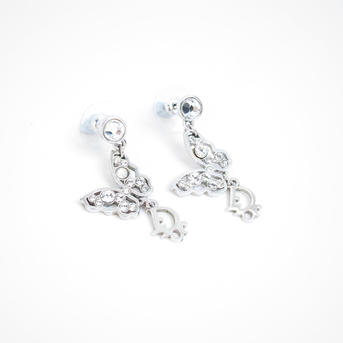 Christian Dior Vintage Dior Logo and Butterfly with Rhinestone Silver Earrings