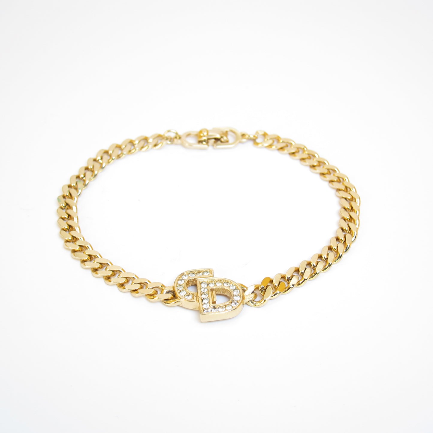 Christian Dior Vintage CD Logo with Rhinestone Golden Bracelet