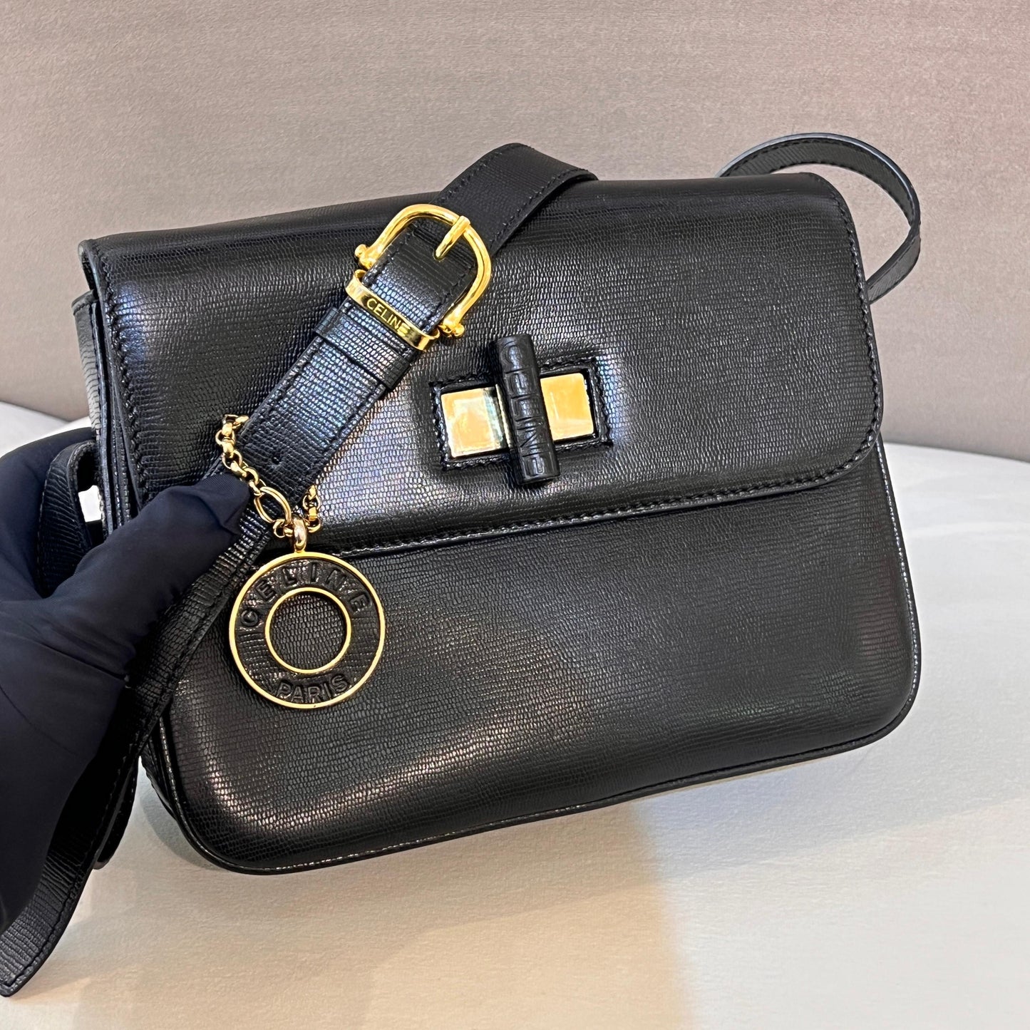 Celine Vintage Black Leather Turn Lock Shoulder Bag
