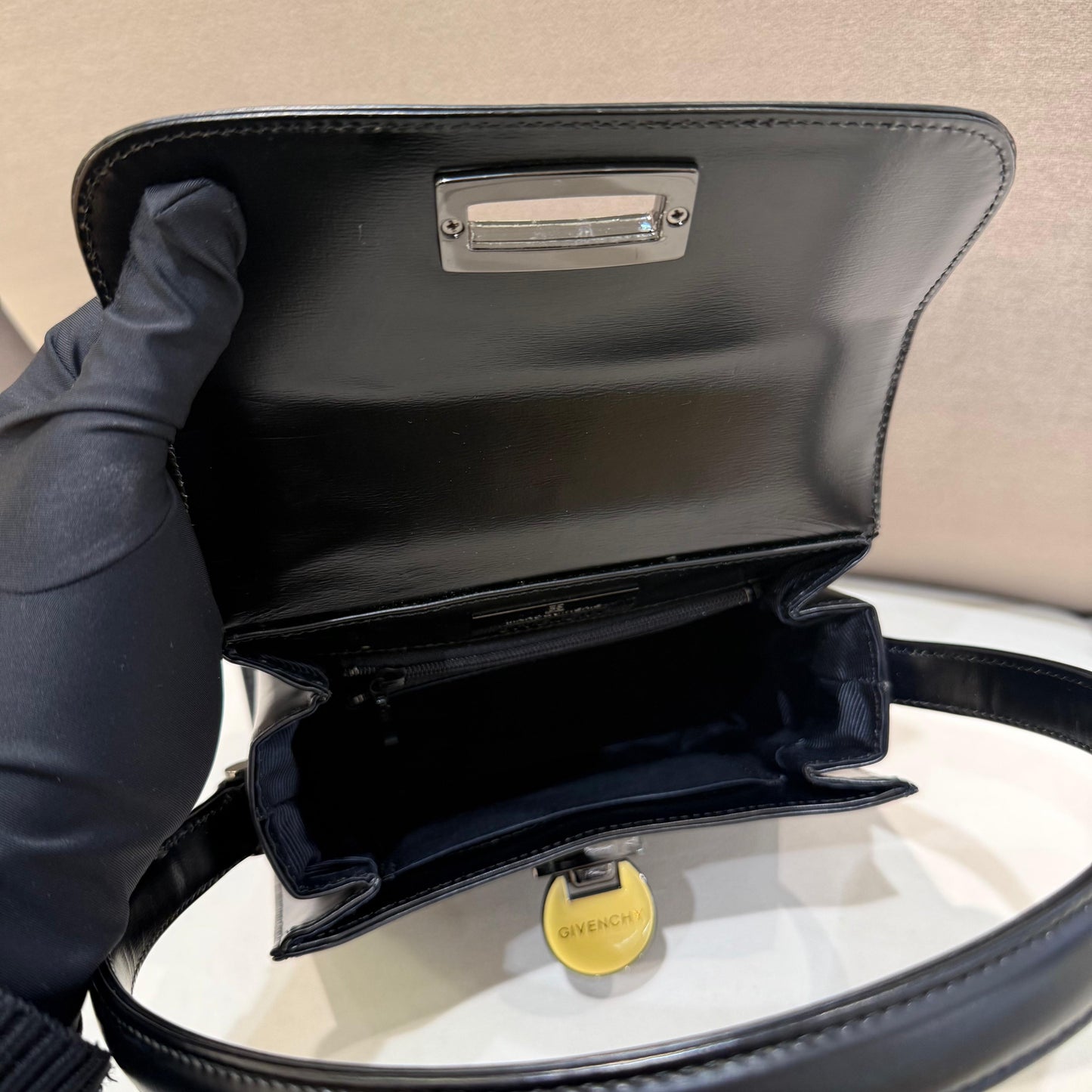 Givenchy Vintage Black Leather Curved Flap Top Handle Handbag