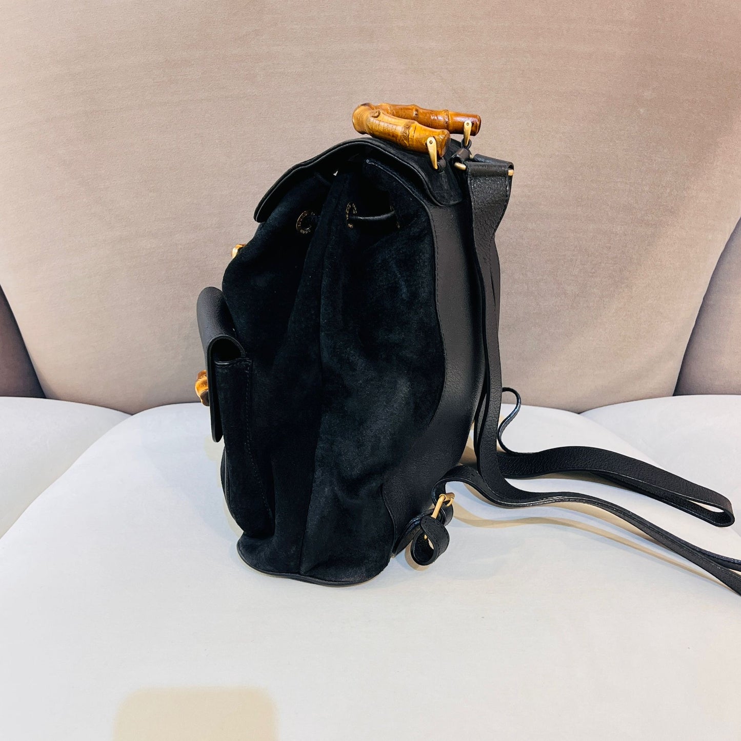 Gucci Vintage Bamboo Backpack Black Suede Leather