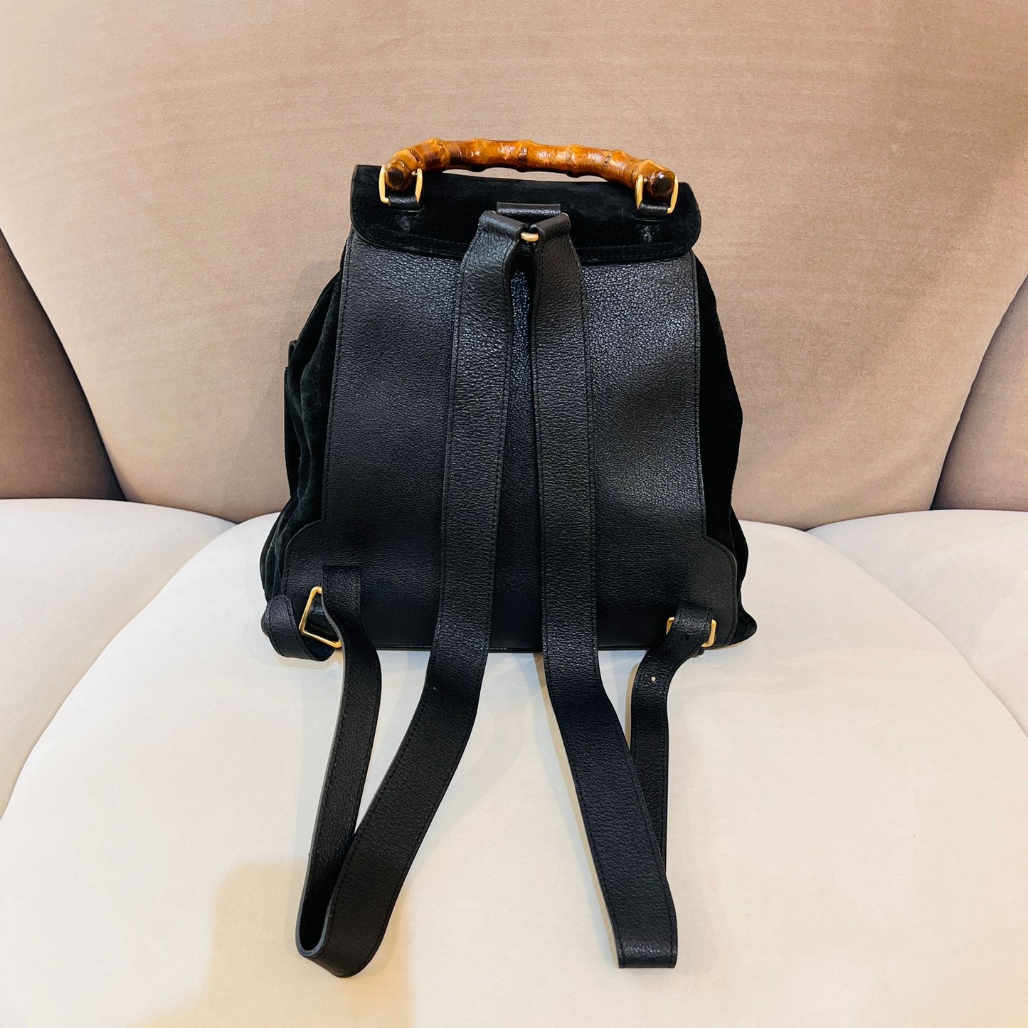 Gucci Vintage Bamboo Backpack Black Suede Leather