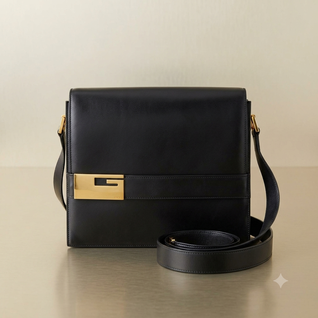 Gucci Vintage Black Leather G-Square Shoulder Bag