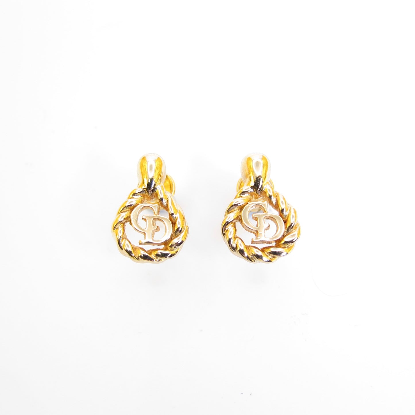 Christian Dior Vintage CD Logo in Twisted Drop Shape Golden Earrings