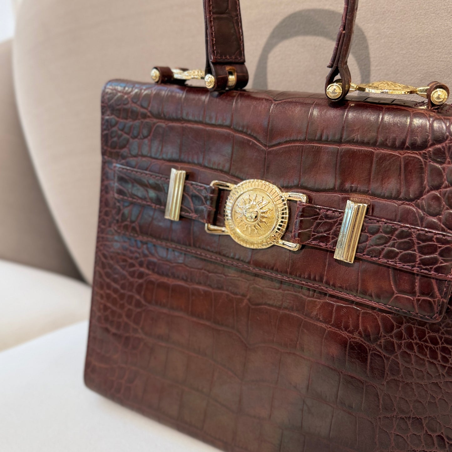 Versace Vintage Yellow Ostrich Leather Top Handle Bag