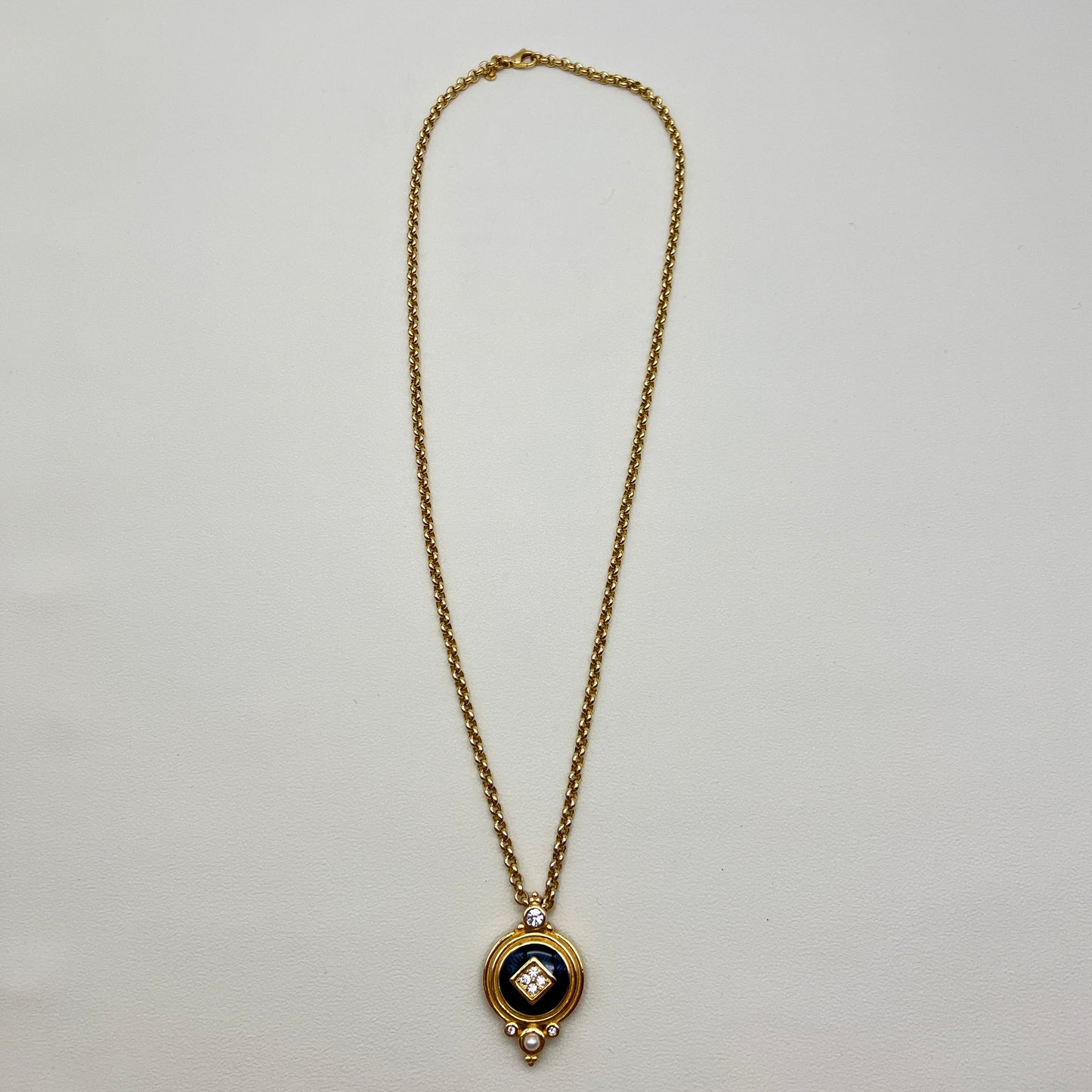Burberry Vintage Dark Green Rhinestone and Pearl Round Shape Pendant Golden Long Necklace