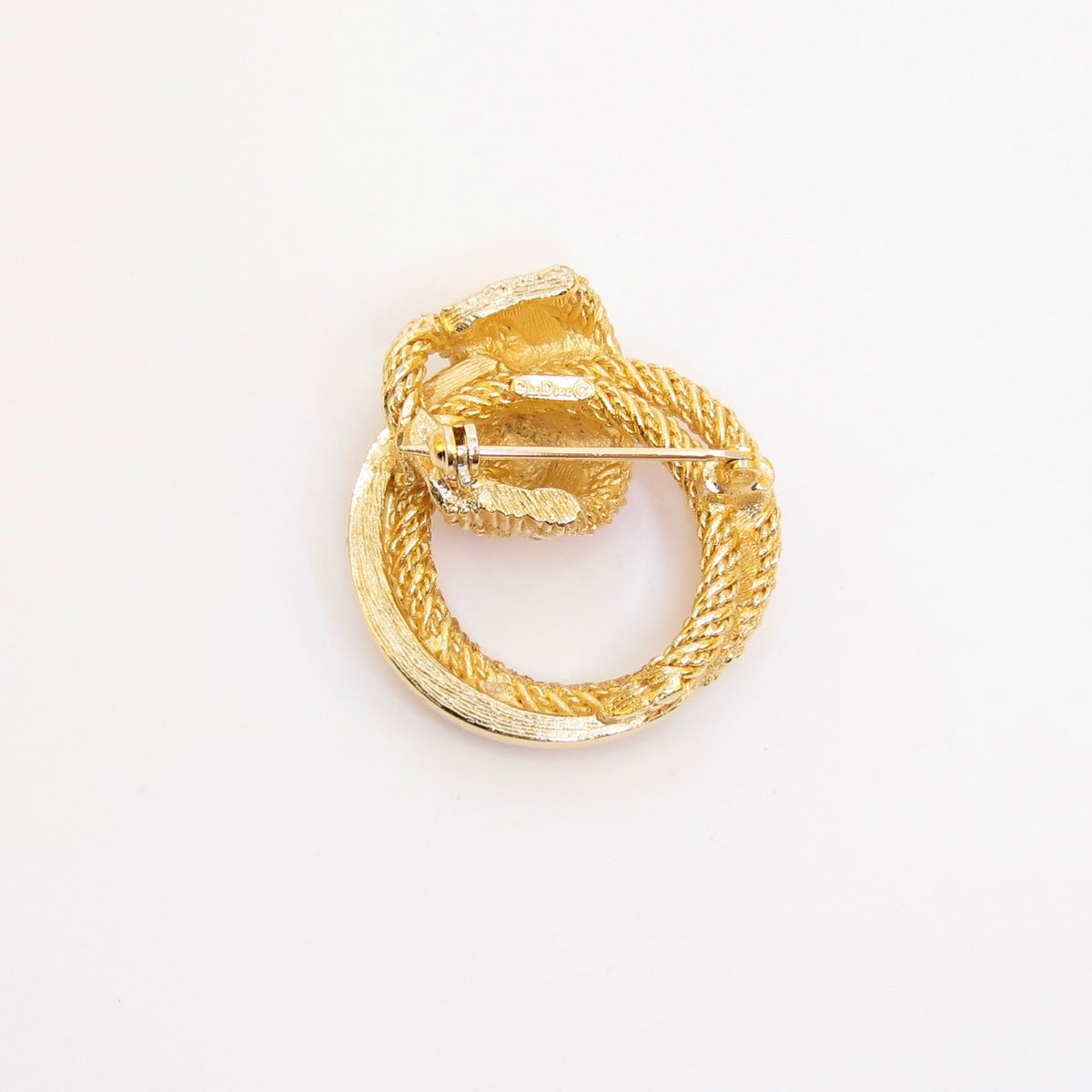 Christian Dior Vintage Twisted Rope Circle with Rhinestone Golden Brooch