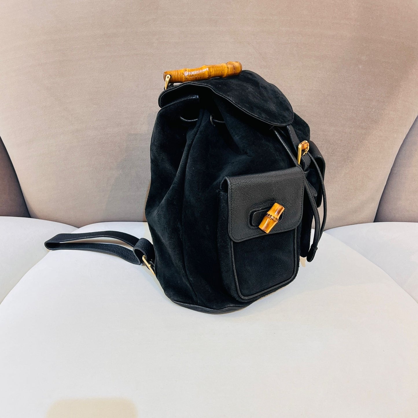 Gucci Vintage Bamboo Backpack Black Suede Leather