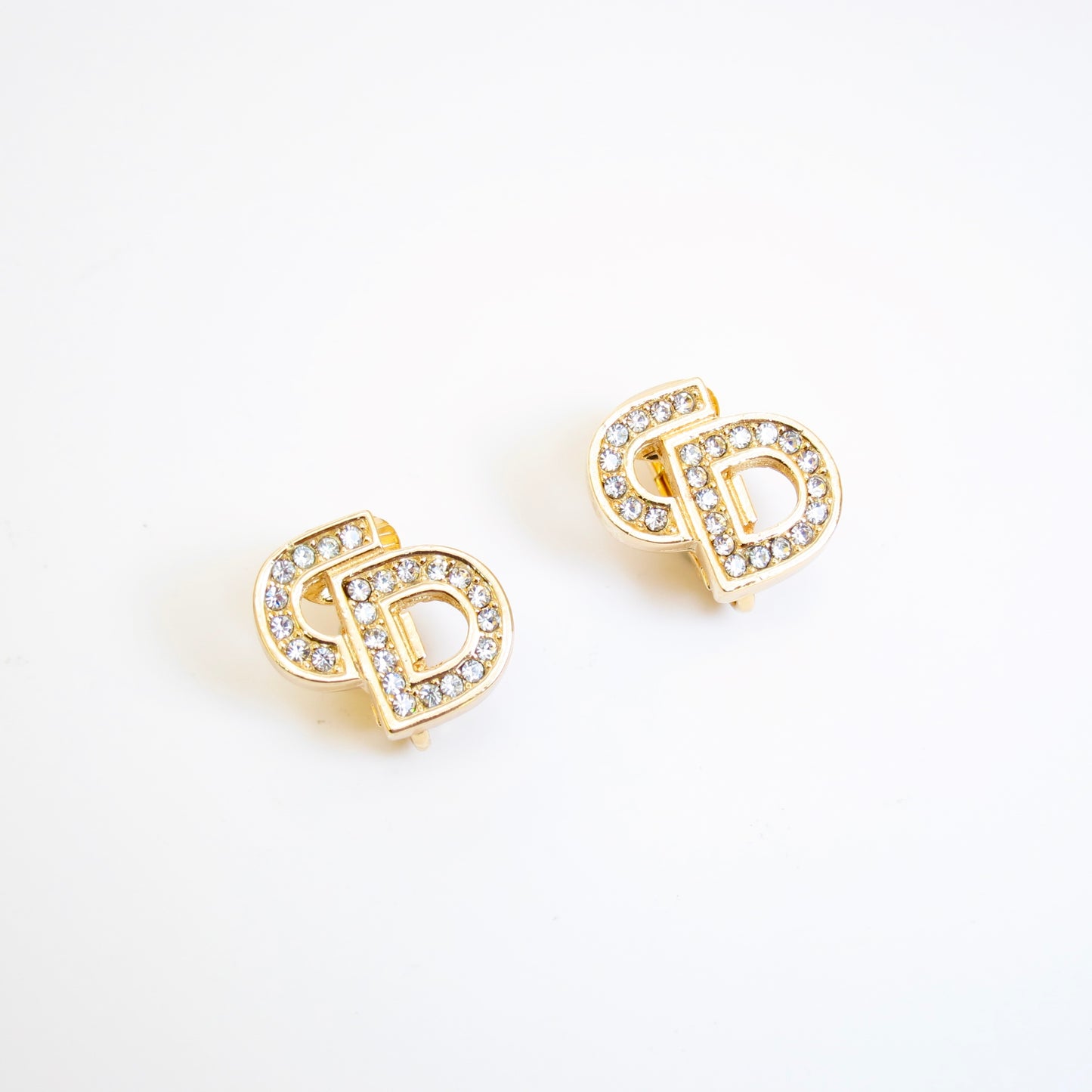 Christian Dior Vintage CD Logo with Rhinestone Golden Clip-on Earrings