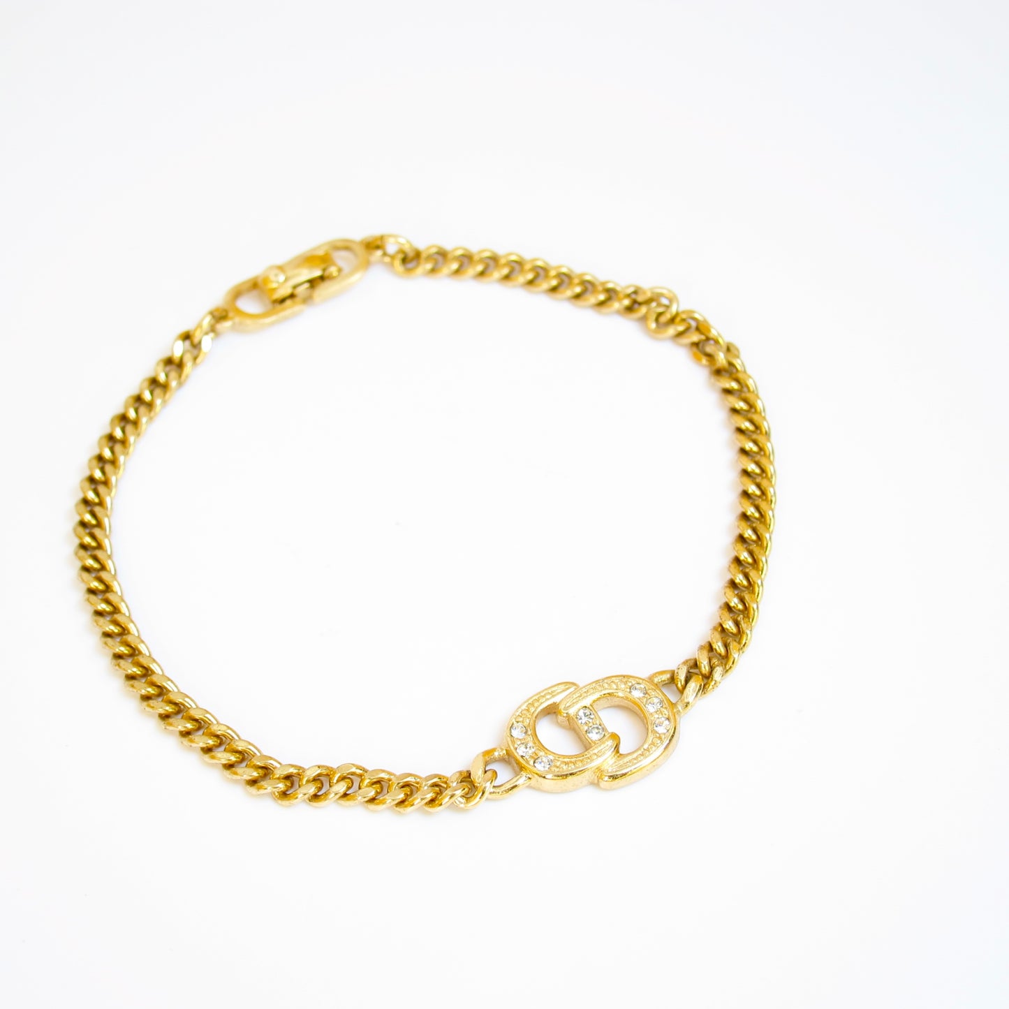 Christian Dior Vintage CD Logo with Rhinestone Golden Bracelet