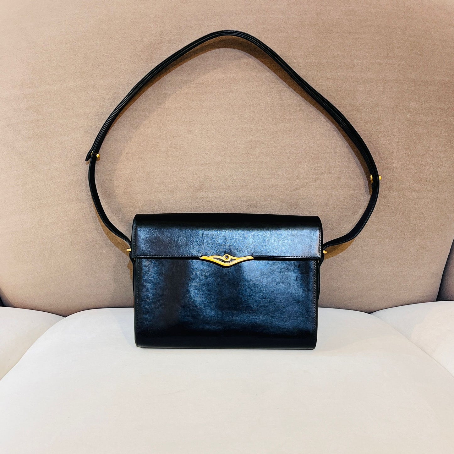 Cartier Vintage Black Leather Sapphire Line Shoulder Bag