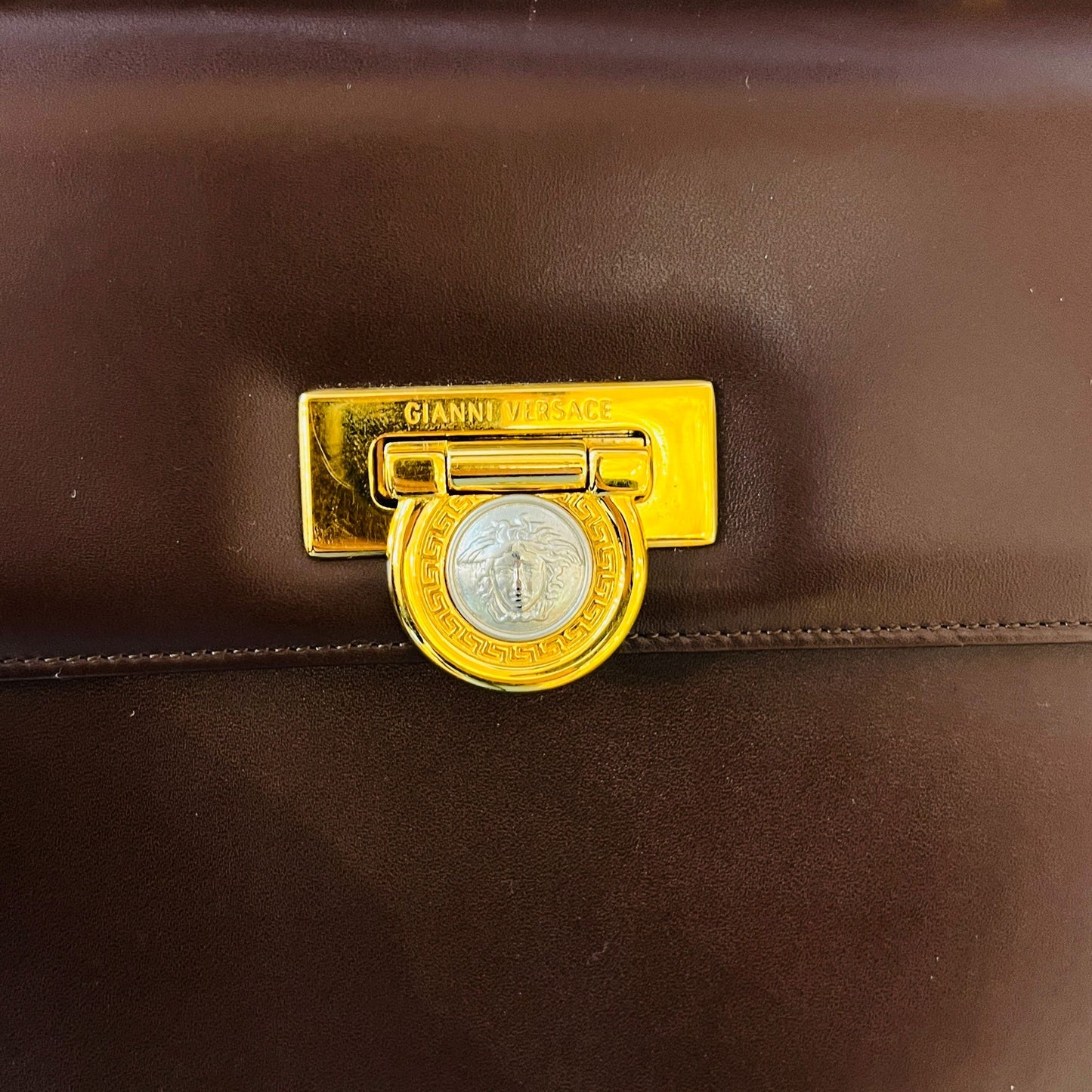 Versace Vintage Medusa Leather 2-Way Handbag In Deep Brown
