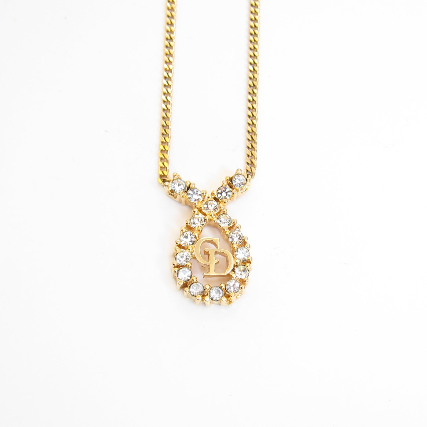 Christian Dior Vintage CD Logo in Drop Shape with Rhinestone Golden Necklace
