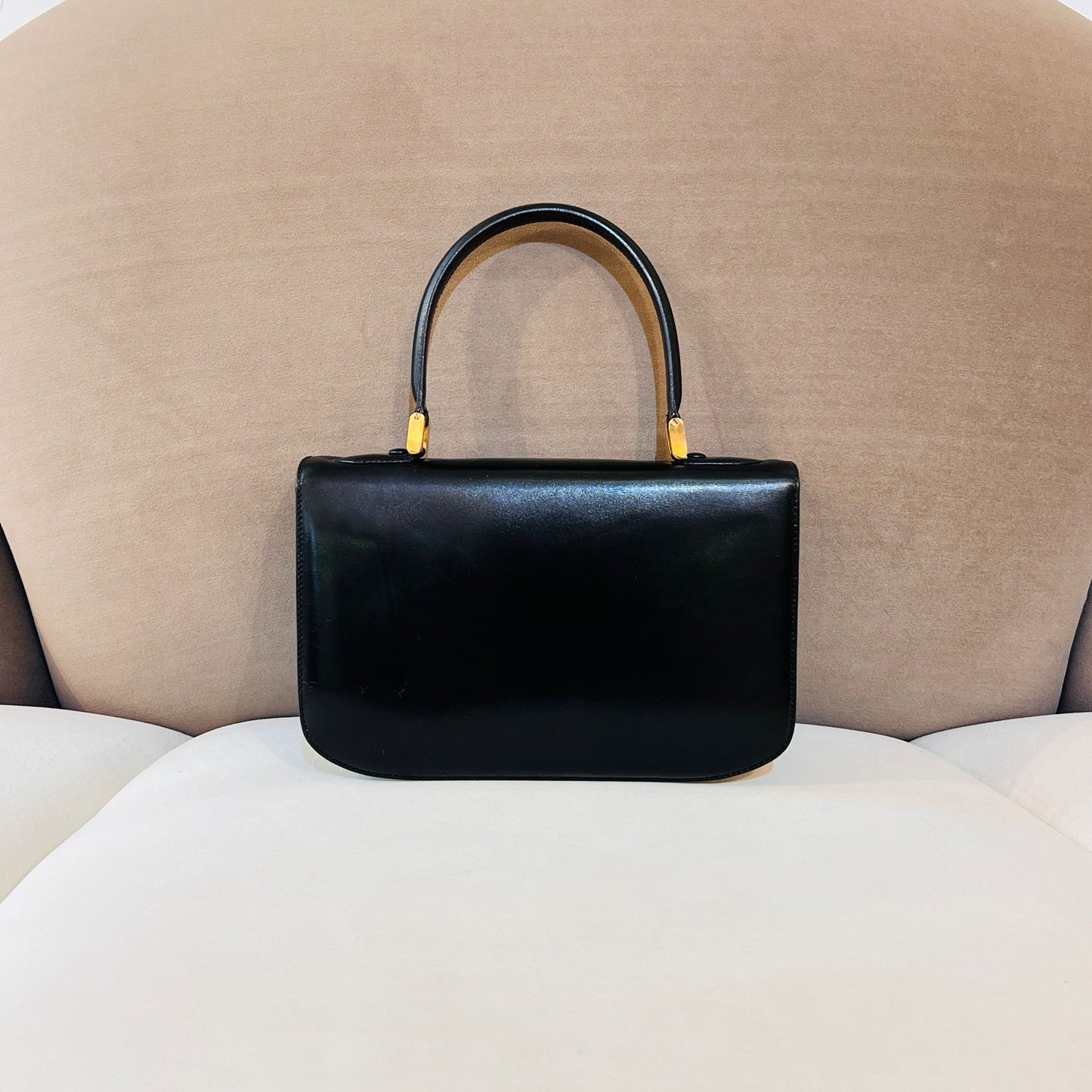 Celine Vintage Triomphe Black Smooth Leather Gold Clasp Top Handle Handbag