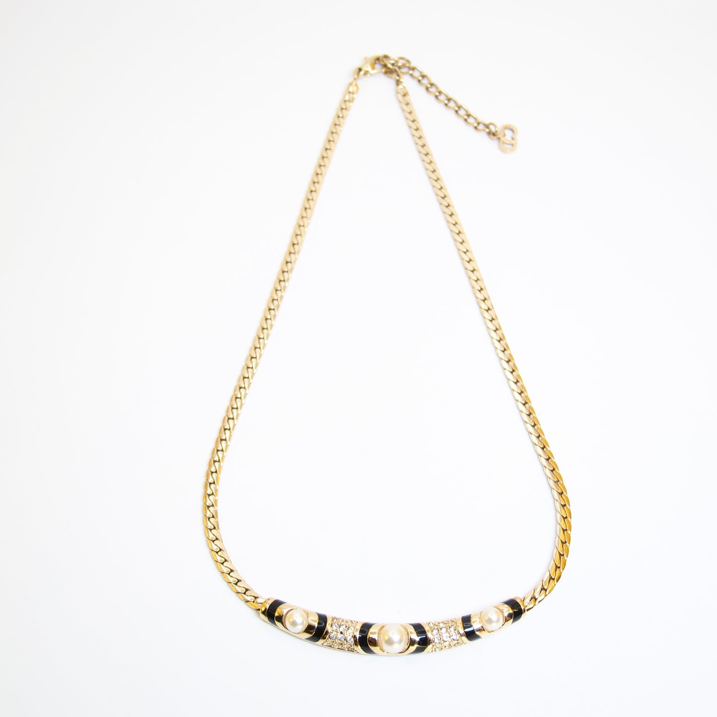 Christian Dior Vintage Pearl and Rhinestone Black and Golden Necklace